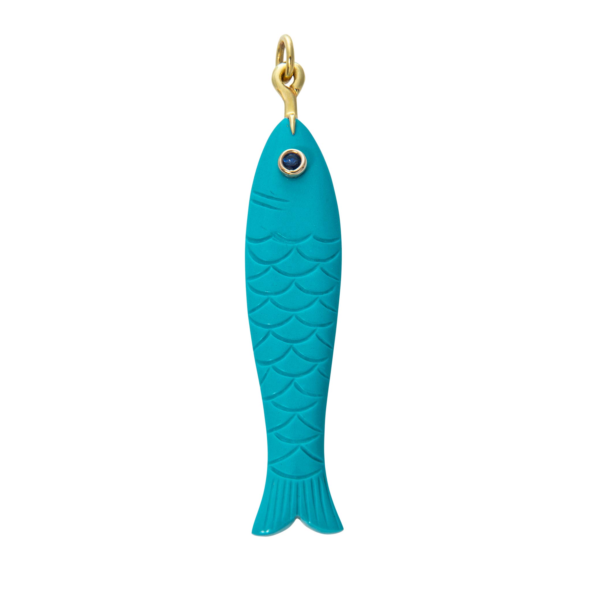 Mazza Turquoise & Sapphire 14K Gold Fish Pendant