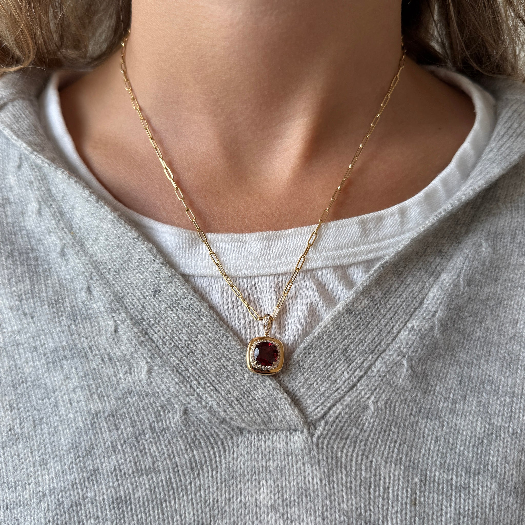 Cushion Garnet & Diamond 18K Yellow Gold Pendant Necklace