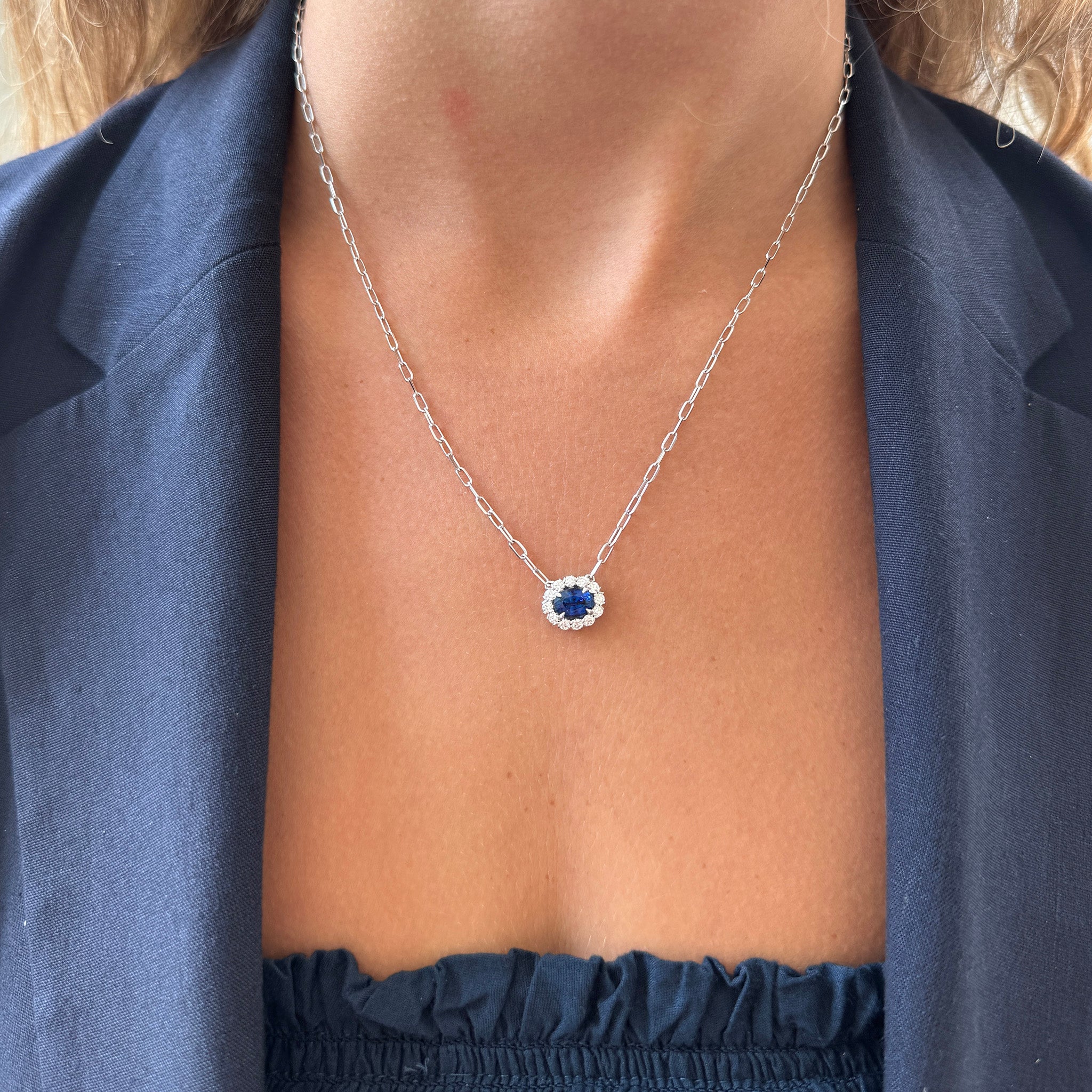 Christopher Designs 1.22ct Oval Sapphire & Diamond 14K White Gold Pendant Necklace