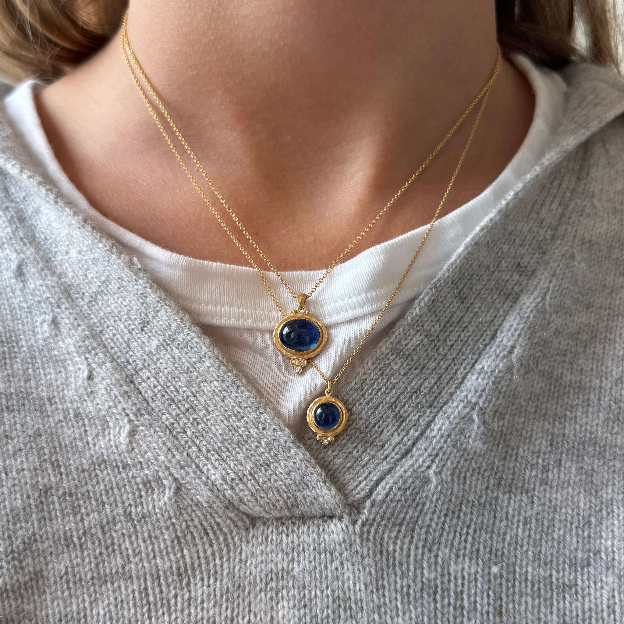 Round Cabochon Kyanite & Diamond 14K Yellow Gold Necklace