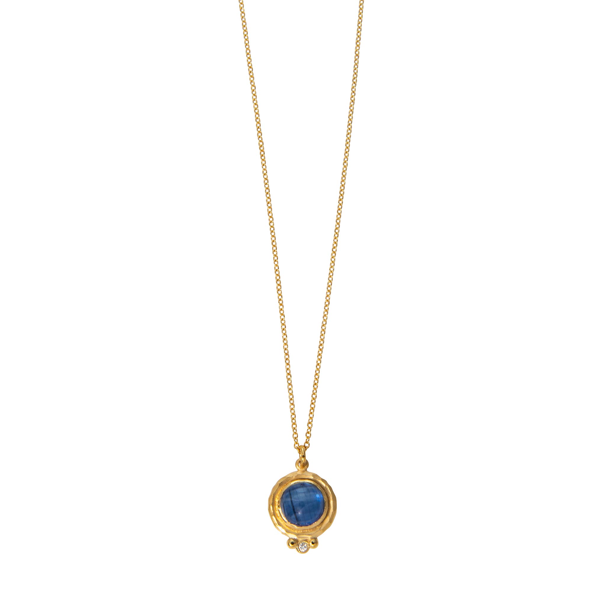 Round Cabochon Kyanite & Diamond 14K Yellow Gold Necklace