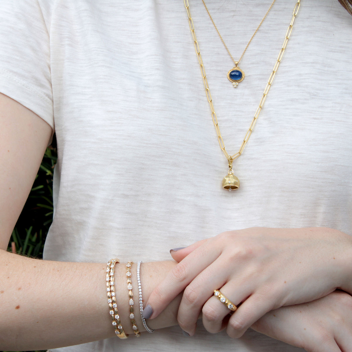 Oval Cabochon Kyanite & Diamond 14K Yellow Gold Necklace, Paul Morelli Diamond Droplet Meditation Bell, 14K Yellow Gold 3.8mm Paperclip Chain Necklace 24"