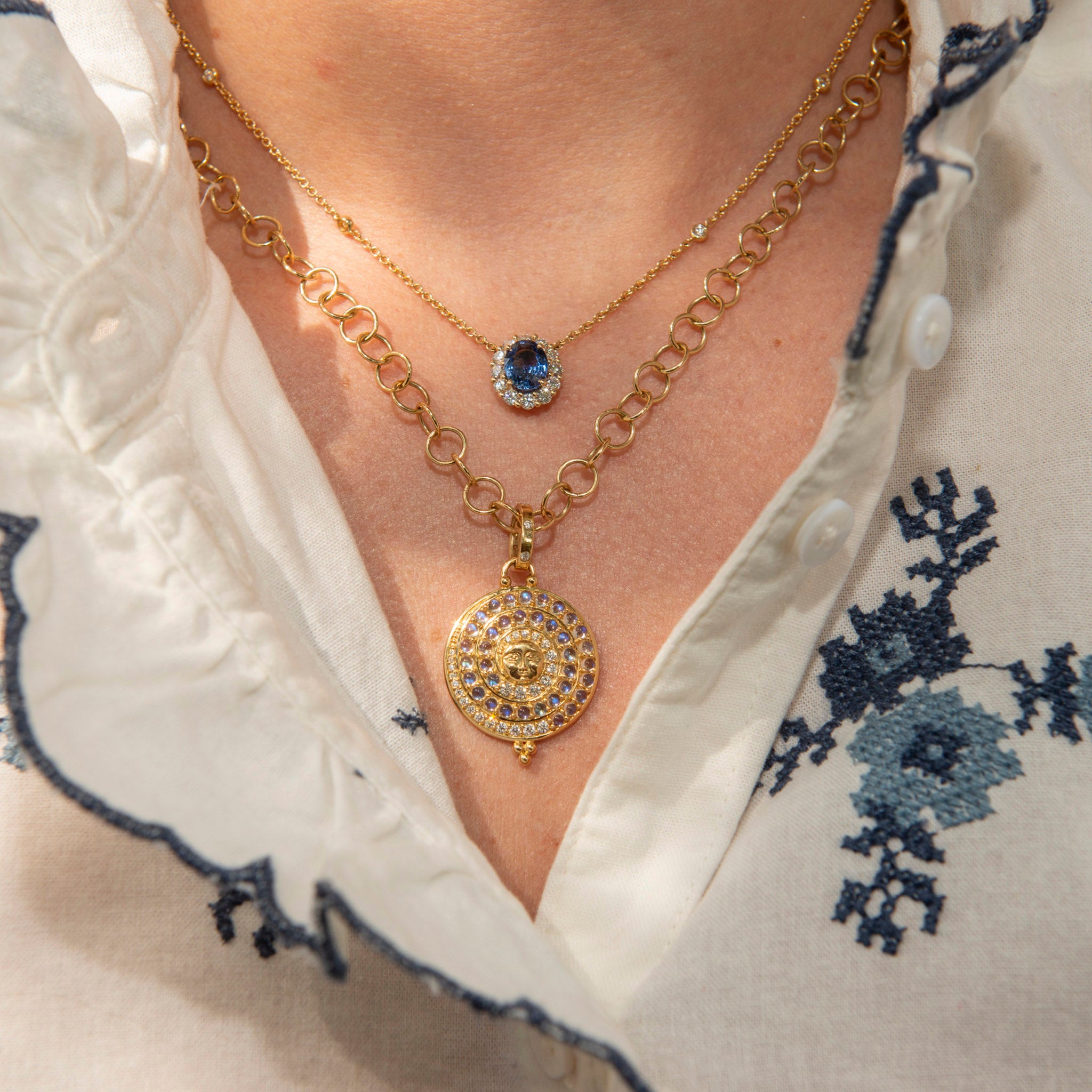 Oval Sapphire & Diamond Cluster 18K Yellow Gold Necklace