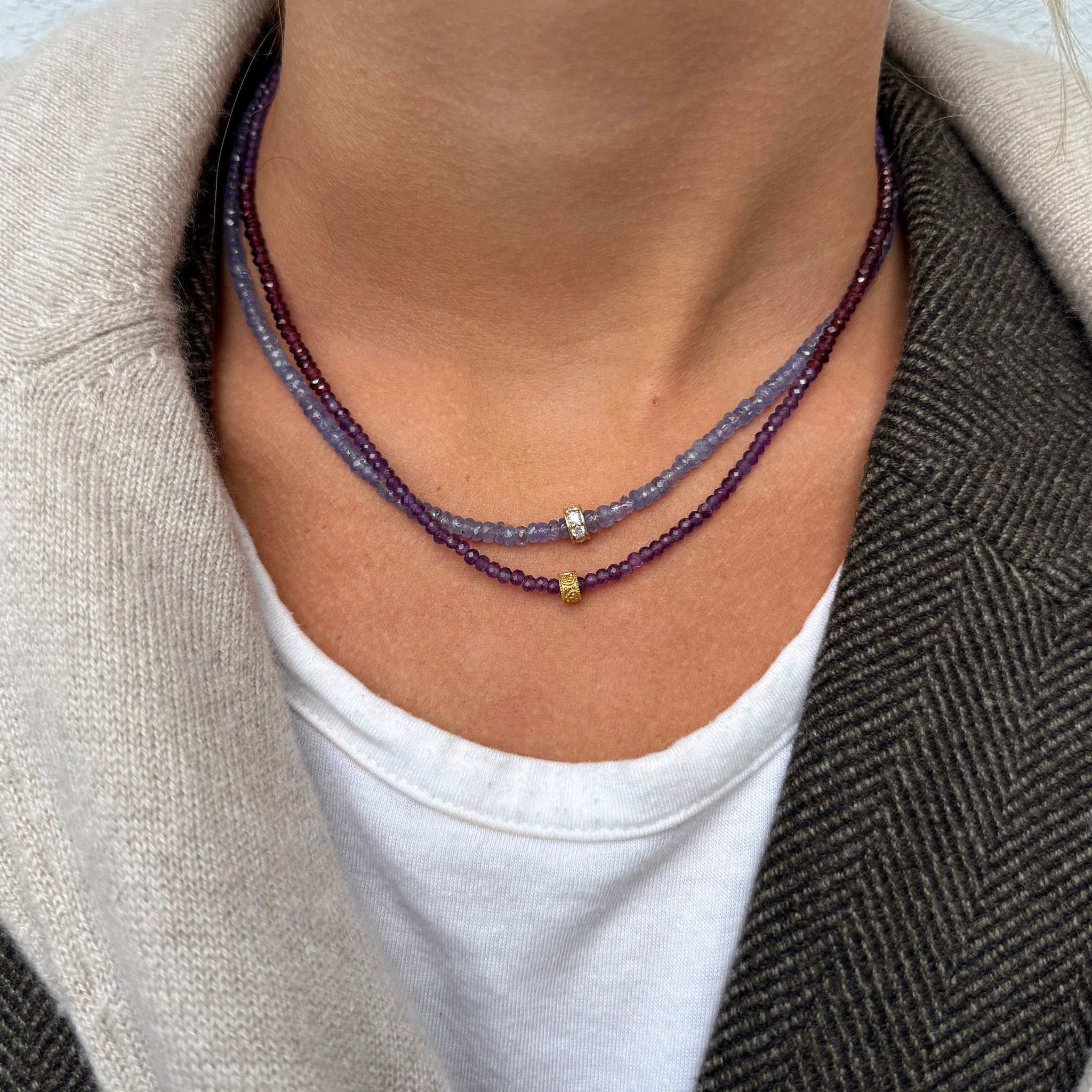 Diamond Rondel & Faceted Tanzanite Beaded Necklace 16″, Faceted Amethyst & Garnet Beaded Necklace 16″