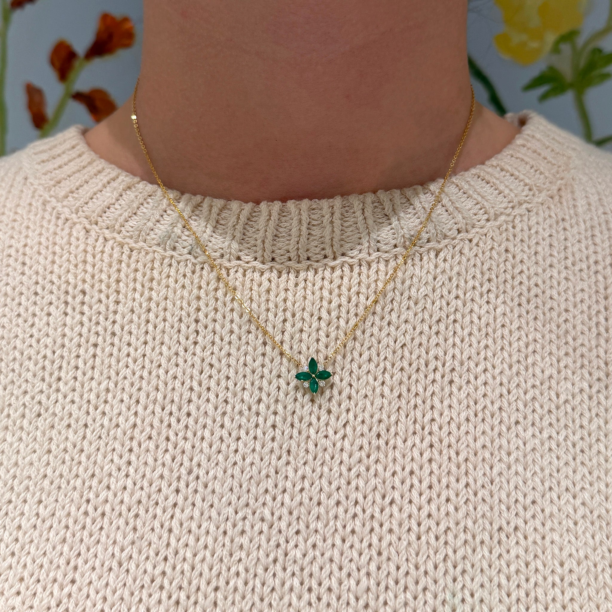 Marquise Emerald & Diamond 14K Yellow Gold Floral Necklace