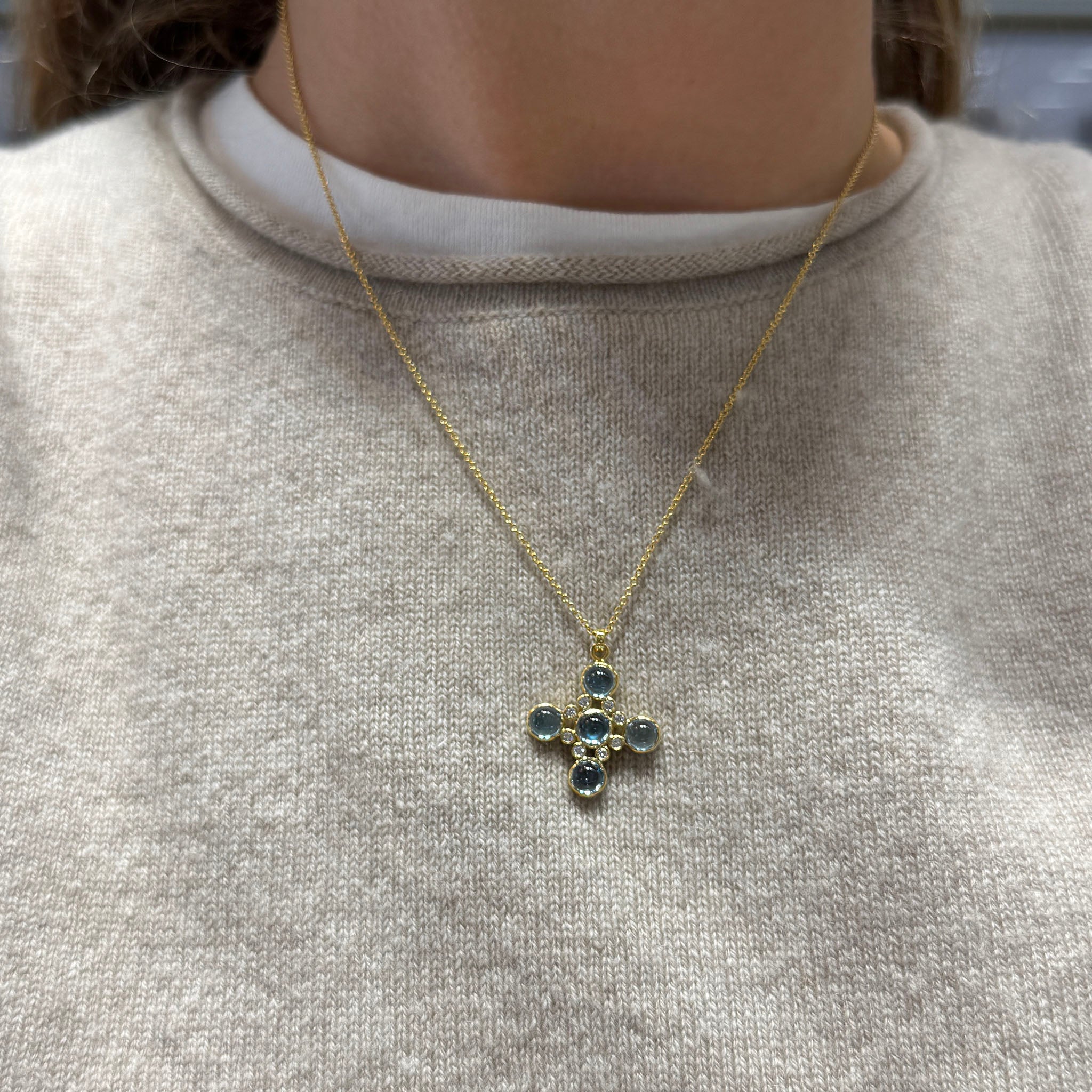 Blue Topaz & Diamond Cross 14K Gold Pendant Necklace