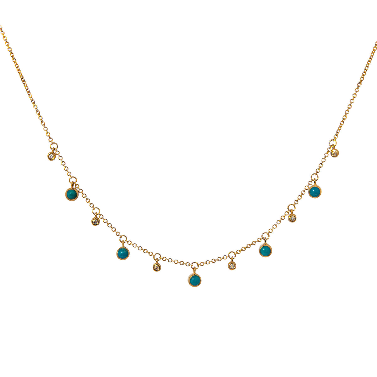 Turquoise & Diamond Bezel Drop Station 14K Yellow Gold Necklace