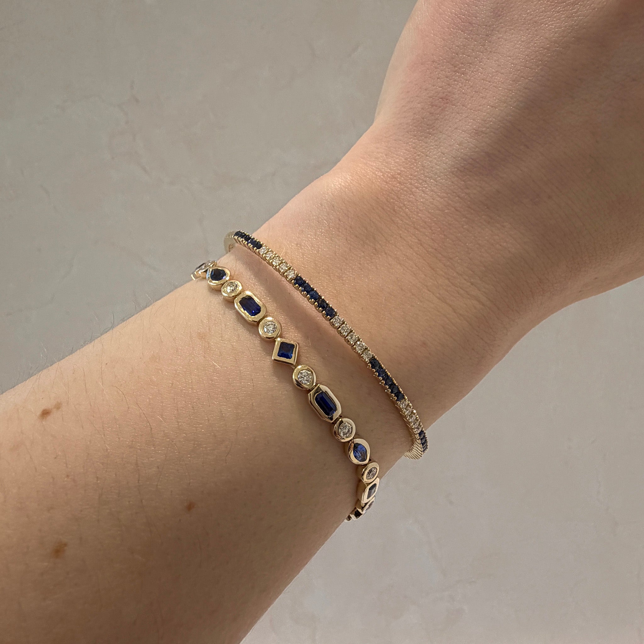 Sapphire & Diamond 14K Yellow Gold Flexible Tennis Bangle, Sapphire & Diamond 14K Gold Half Tennis Half Chain Necklace, Bracelet