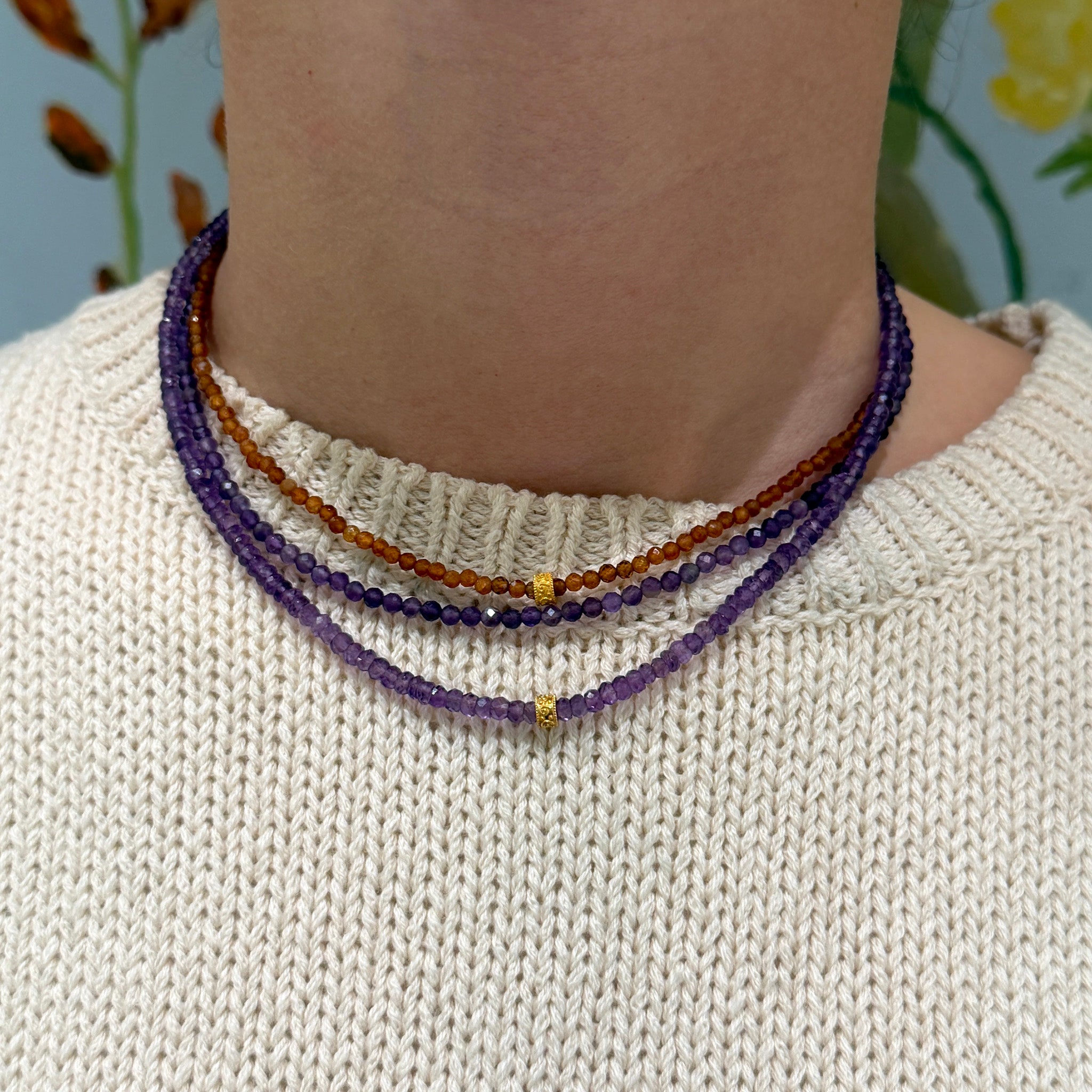 Tippy Stern Rondelle & Faceted Hessonite Garnet Beaded Necklace 16", Faceted Amethyst Beaded Necklace 16", Rondelle & Faceted Amethyst Beaded Necklace 16"