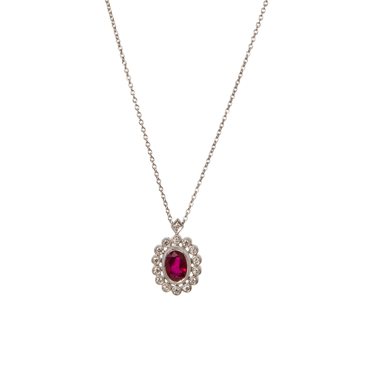Oval Ruby & Diamond Bezel Set 14K White Gold Pendant Necklace
