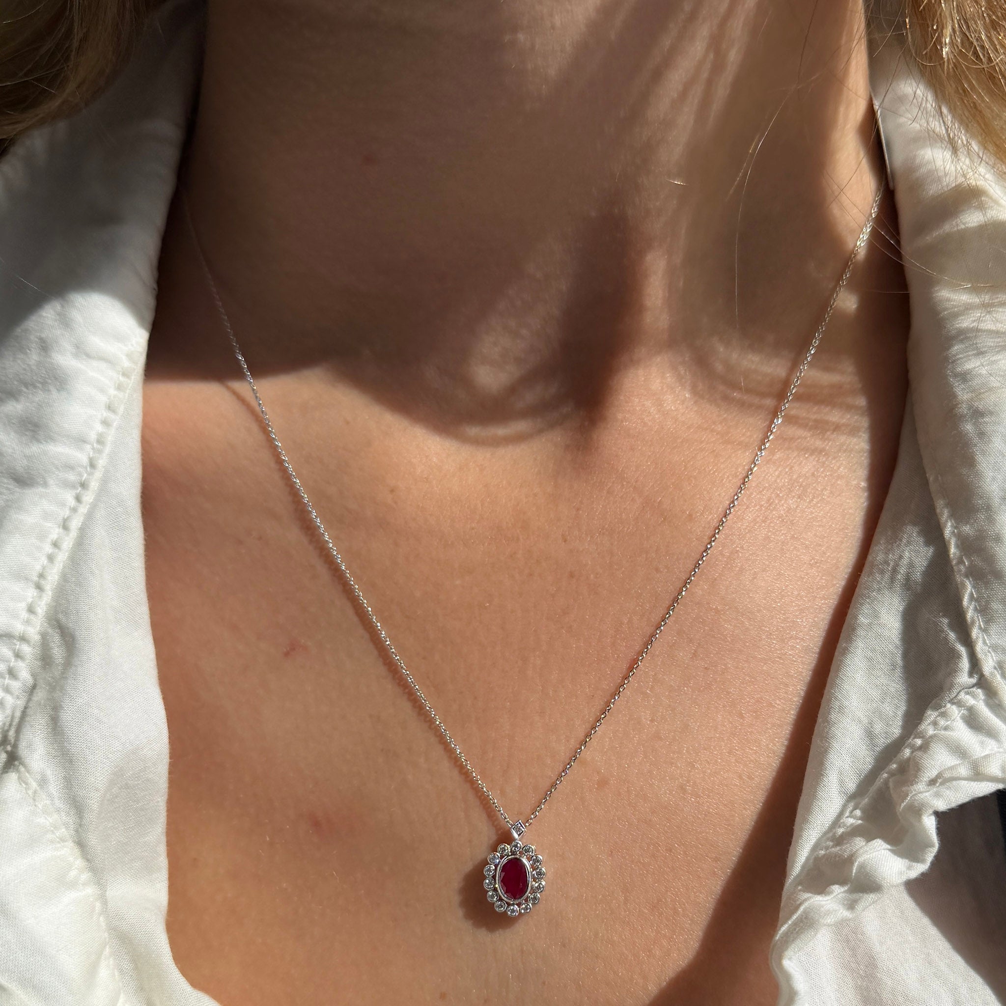 Oval Ruby & Diamond Bezel Set 14K White Gold Pendant Necklace