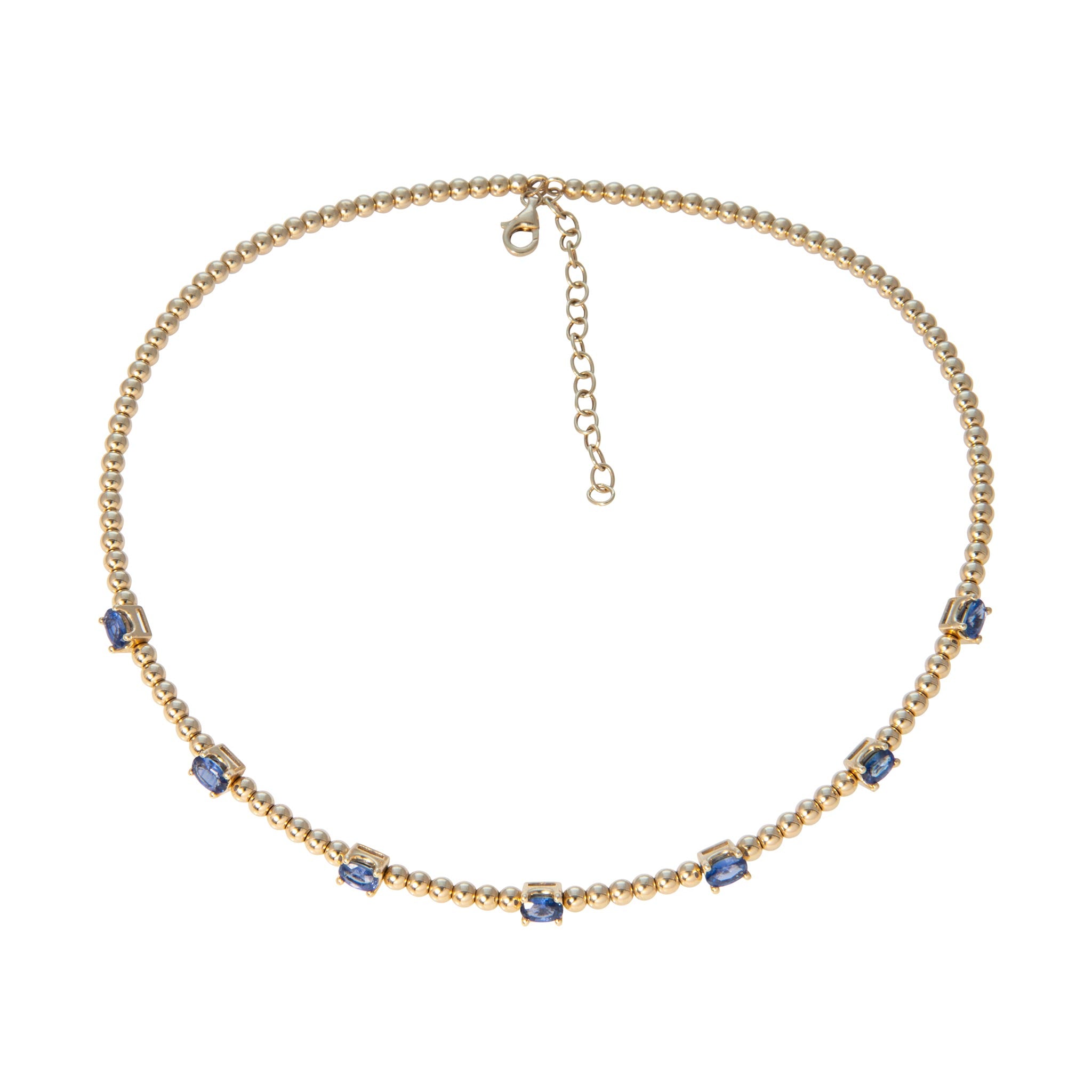 Oval Sapphire 7-Stone 14K Gold Beaded Choker Necklace