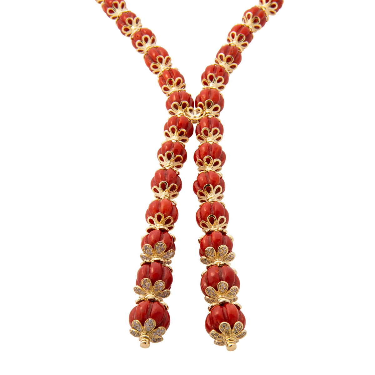 Carved Coral & Diamond 14K Gold Lariat Necklace