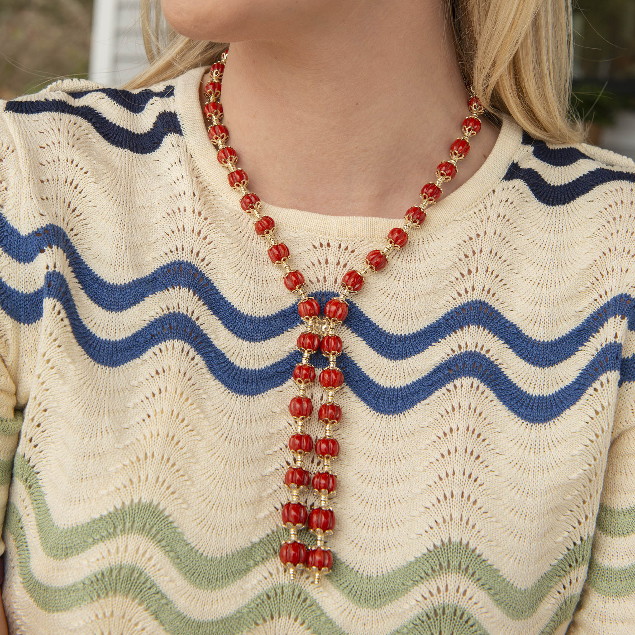 Carved Coral & Diamond 14K Gold Lariat Necklace