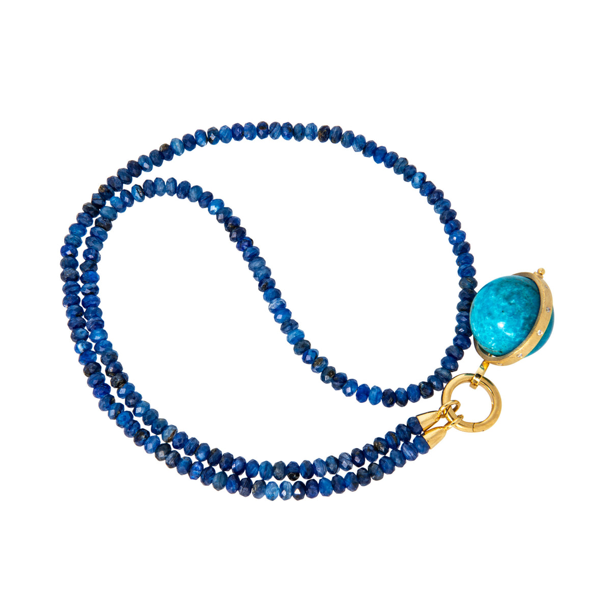 Lapis Bead 14K Yellow Gold Charm Clasp Necklace 18", Turquoise & Diamond 14K Yellow Gold Spinning Globe Pendant