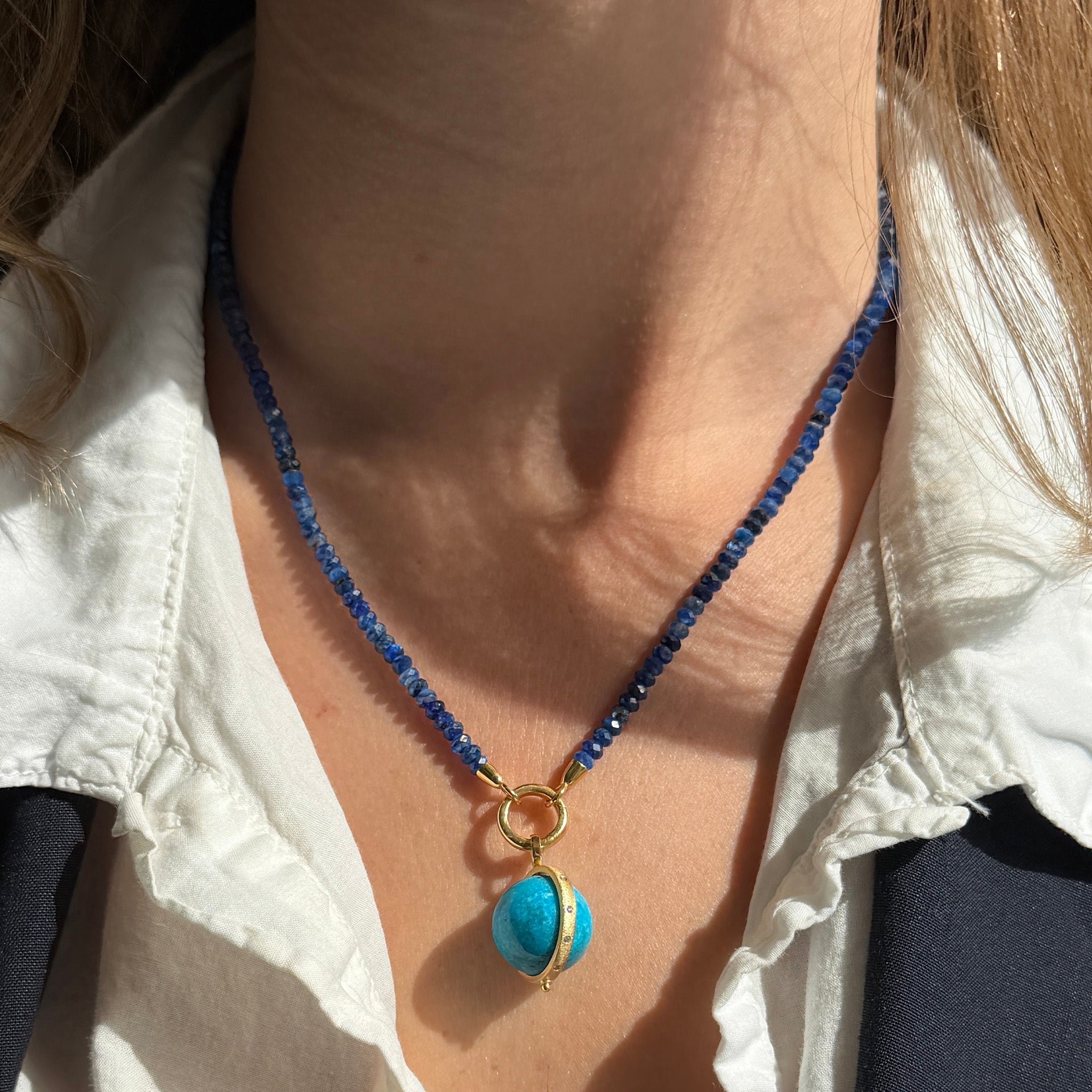 Lapis Bead 14K Yellow Gold Charm Clasp Necklace 18", Turquoise & Diamond 14K Yellow Gold Spinning Globe Pendant