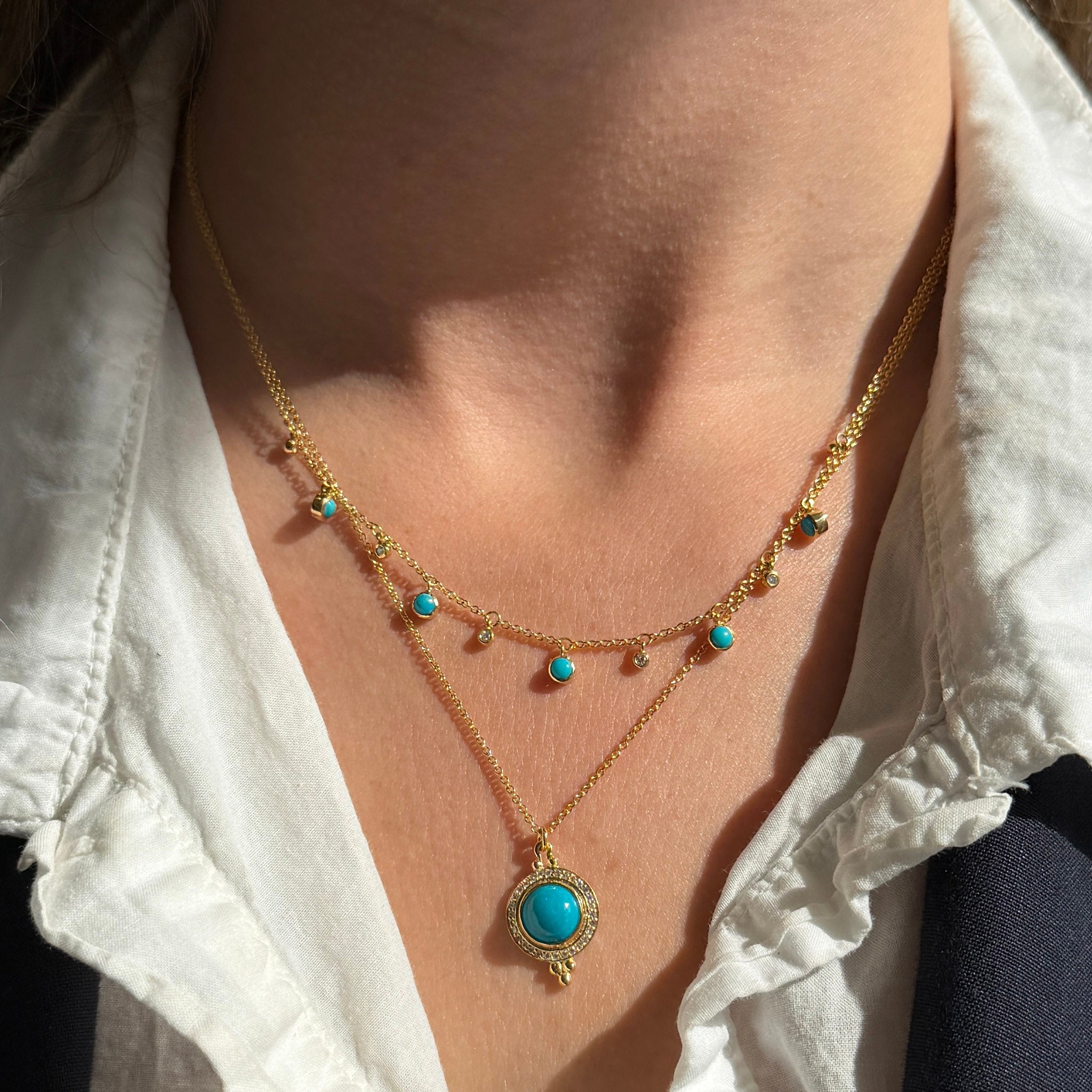 Turquoise Cabochon & Diamond Halo 14K Yellow Gold Pendant Necklace, Turquoise & Diamond Bezel Drop Station 14K Yellow Gold Necklace