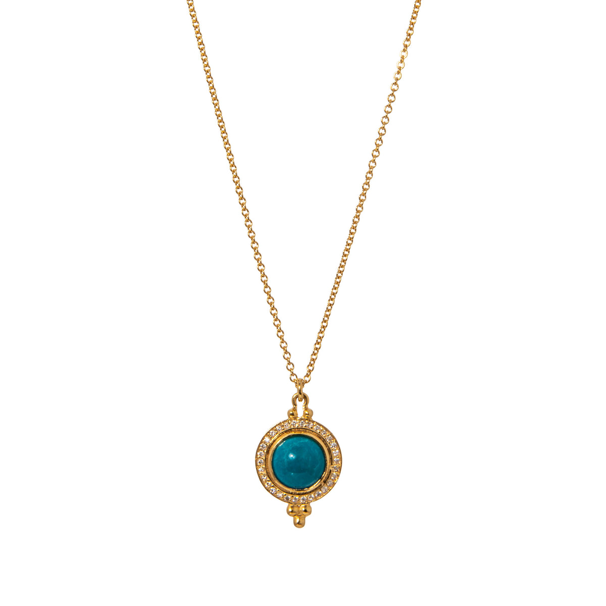 Turquoise Cabochon & Diamond Halo 14K Yellow Gold Pendant Necklace