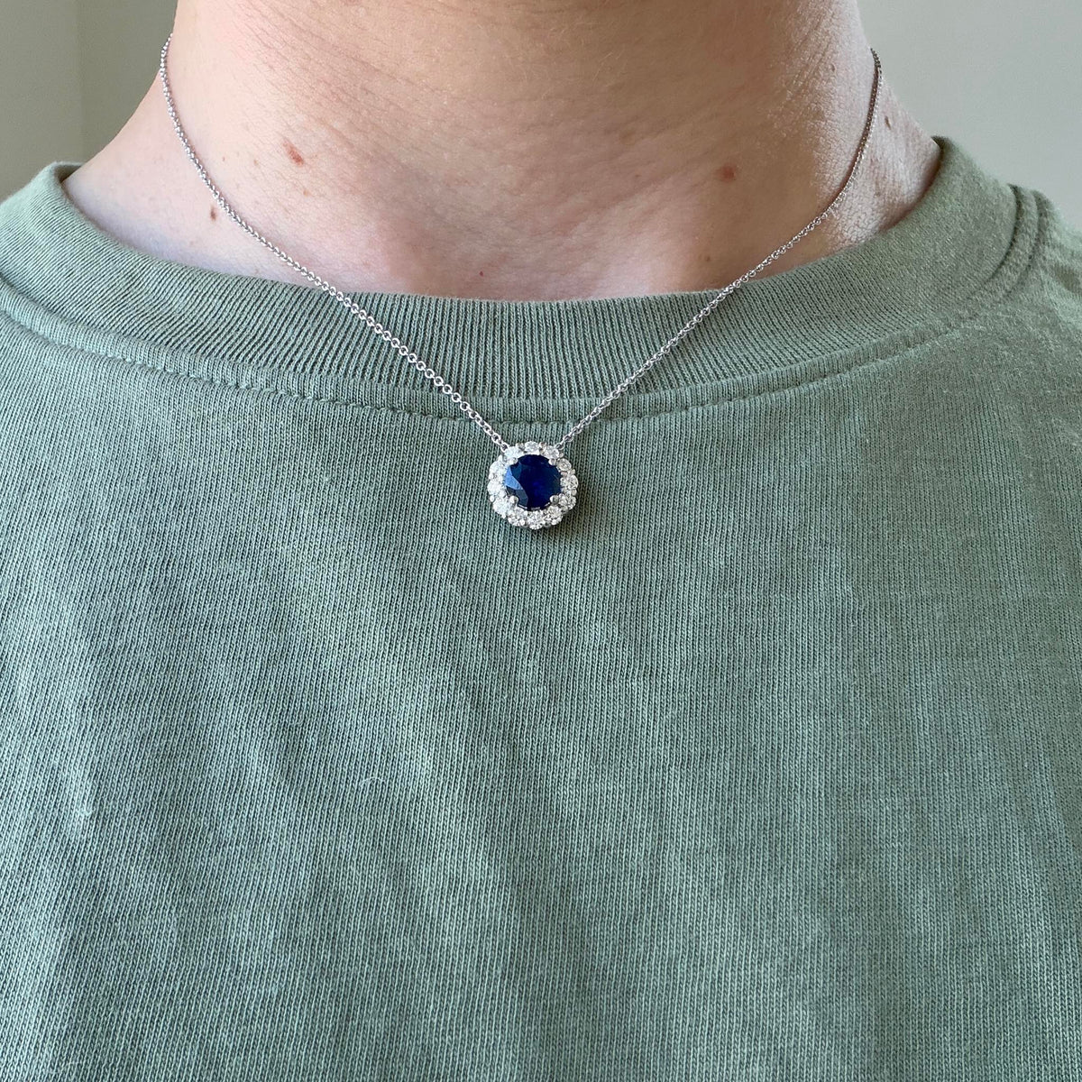 1.17ct Round Sapphire & Diamond Halo Pendant Necklace