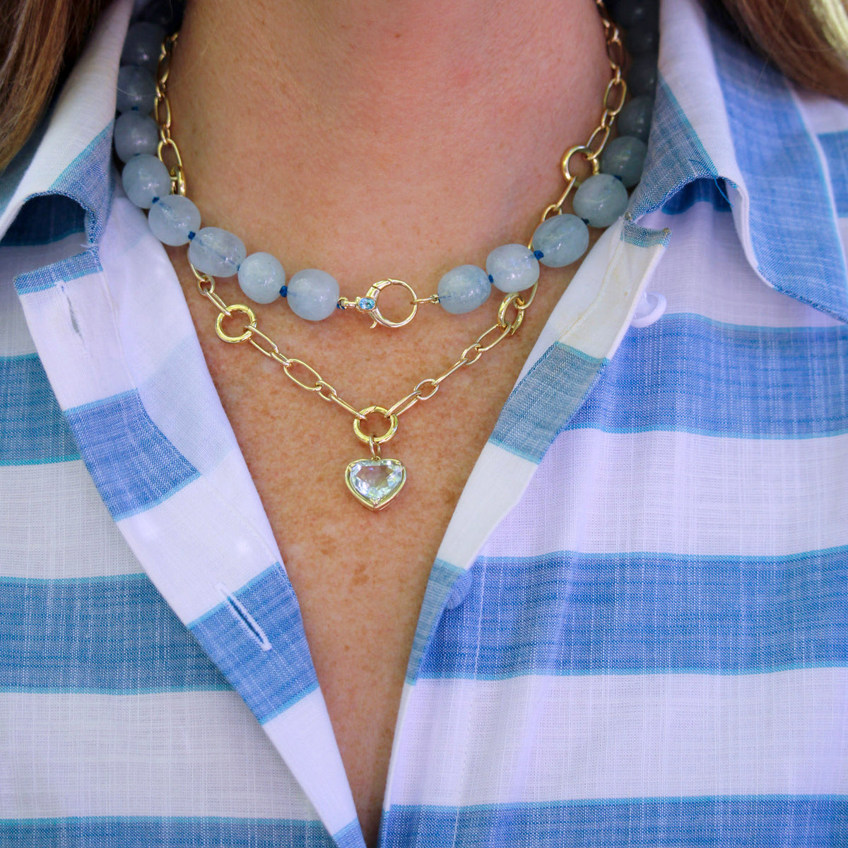 Aquamarine Bead & Blue Topaz 14K Gold Clasp Necklace