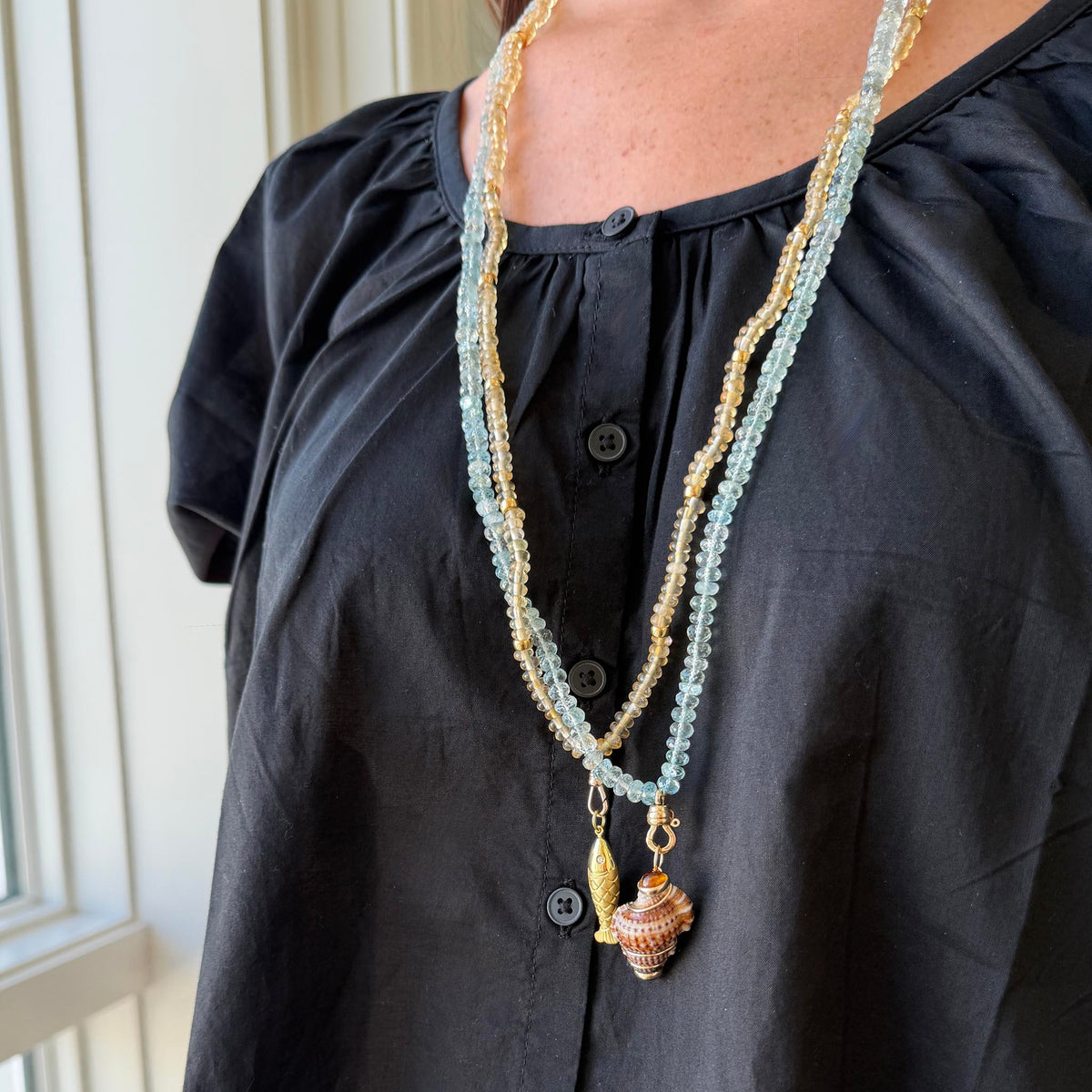 Citrine Beaded Gold-Filled Swivel Clasp Necklace 32", Aquamarine Beaded 14K Gold Swivel Clasp Necklace 32", Mazza Brown Turbo Shell & Citrine 14K Gold Pendant