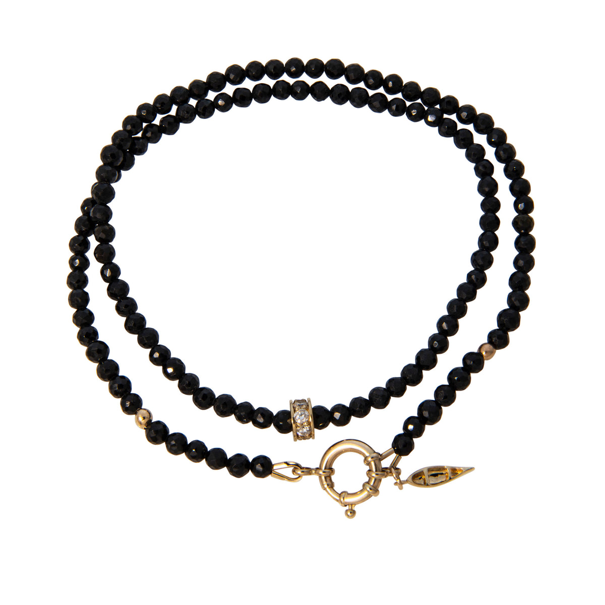 Tippy Stern faceted black tourmaline beaded necklace with a diamond pavé yellow gold rondelle and canoe charm.