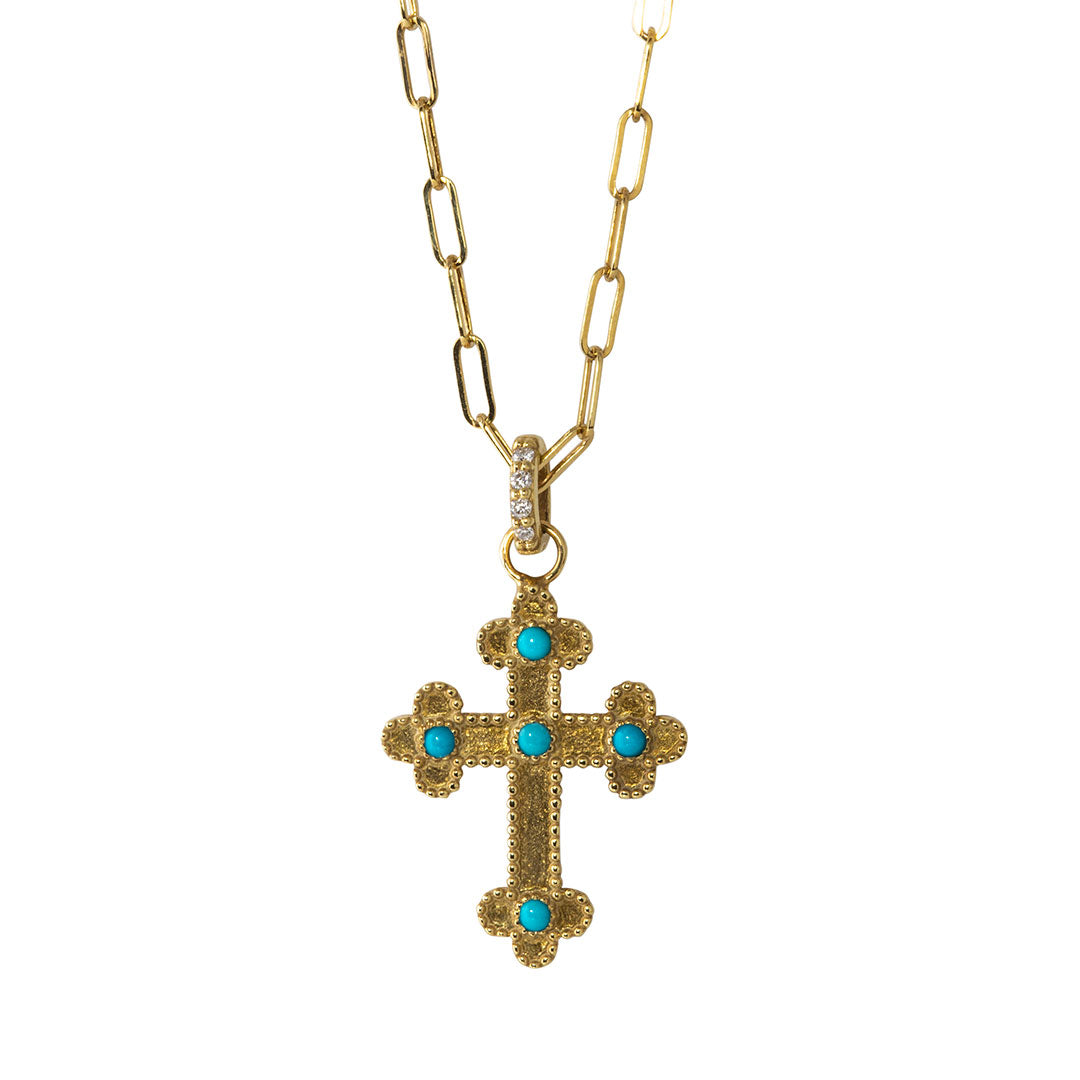 Turquoise 14K Gold Cross Pendant Paperclip Chain Necklace