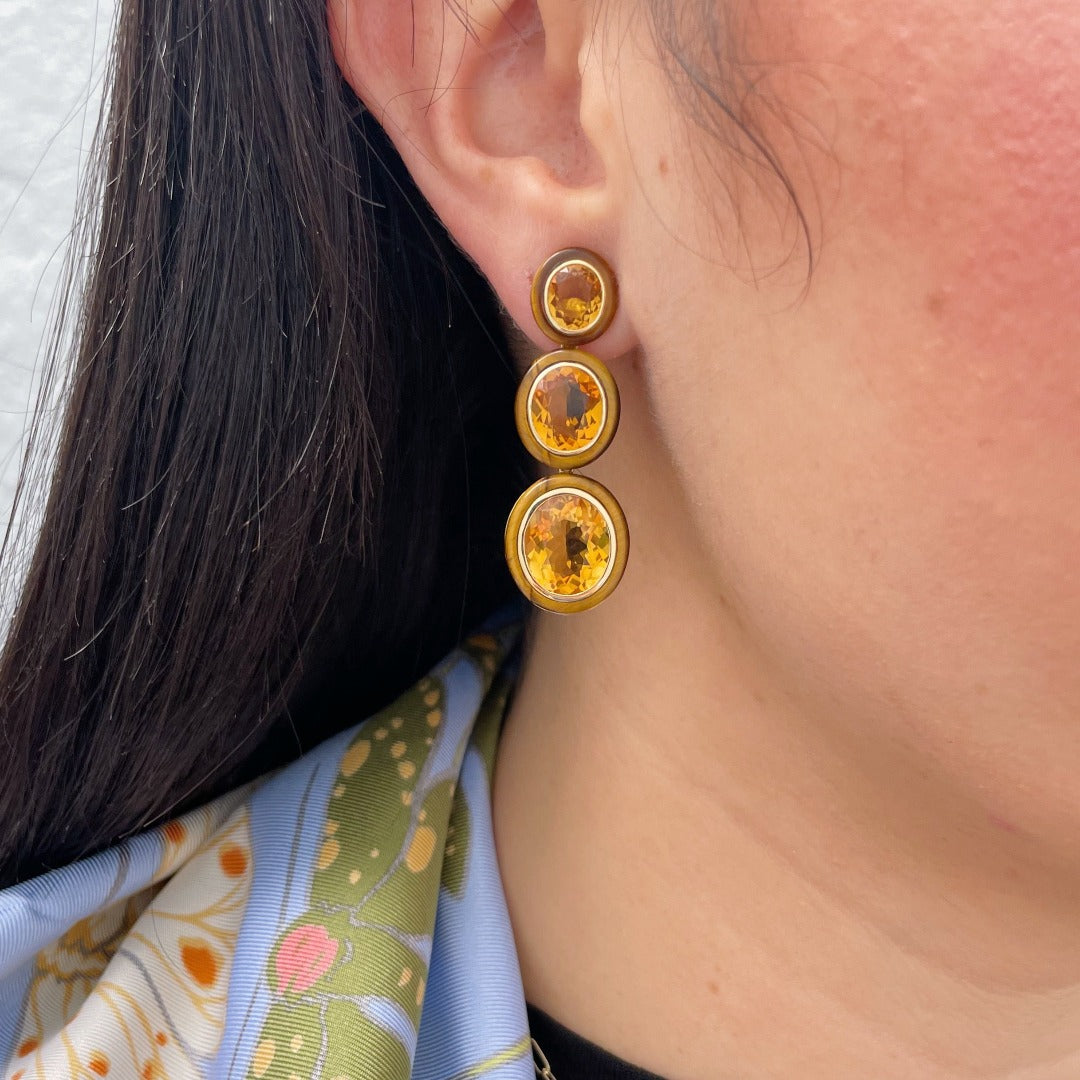 Goshwara Oval Citrine & Tiger's Eye Inlay 18K Gold Drop Earrings