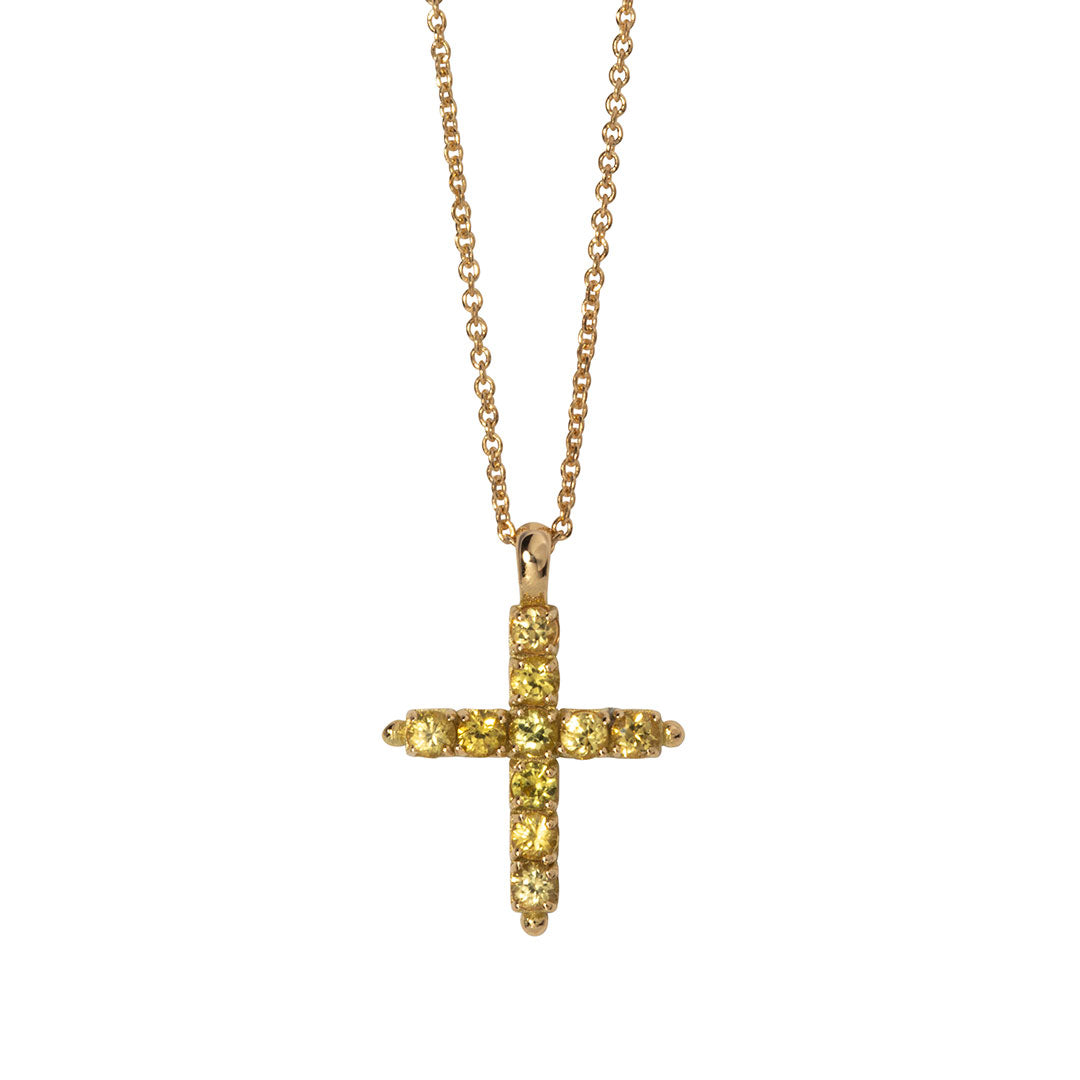Yellow Sapphire Cross 18K Gold Pendant Necklace