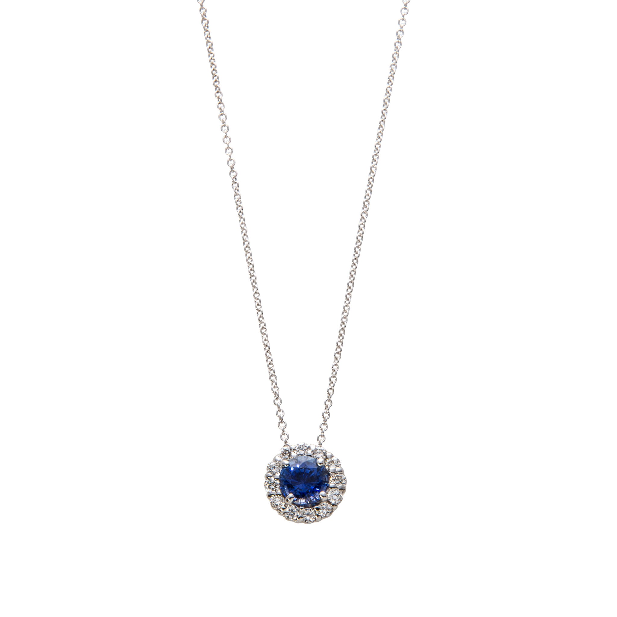 1.32ct Sapphire & Diamond Halo 18K White Gold Pendant Necklace