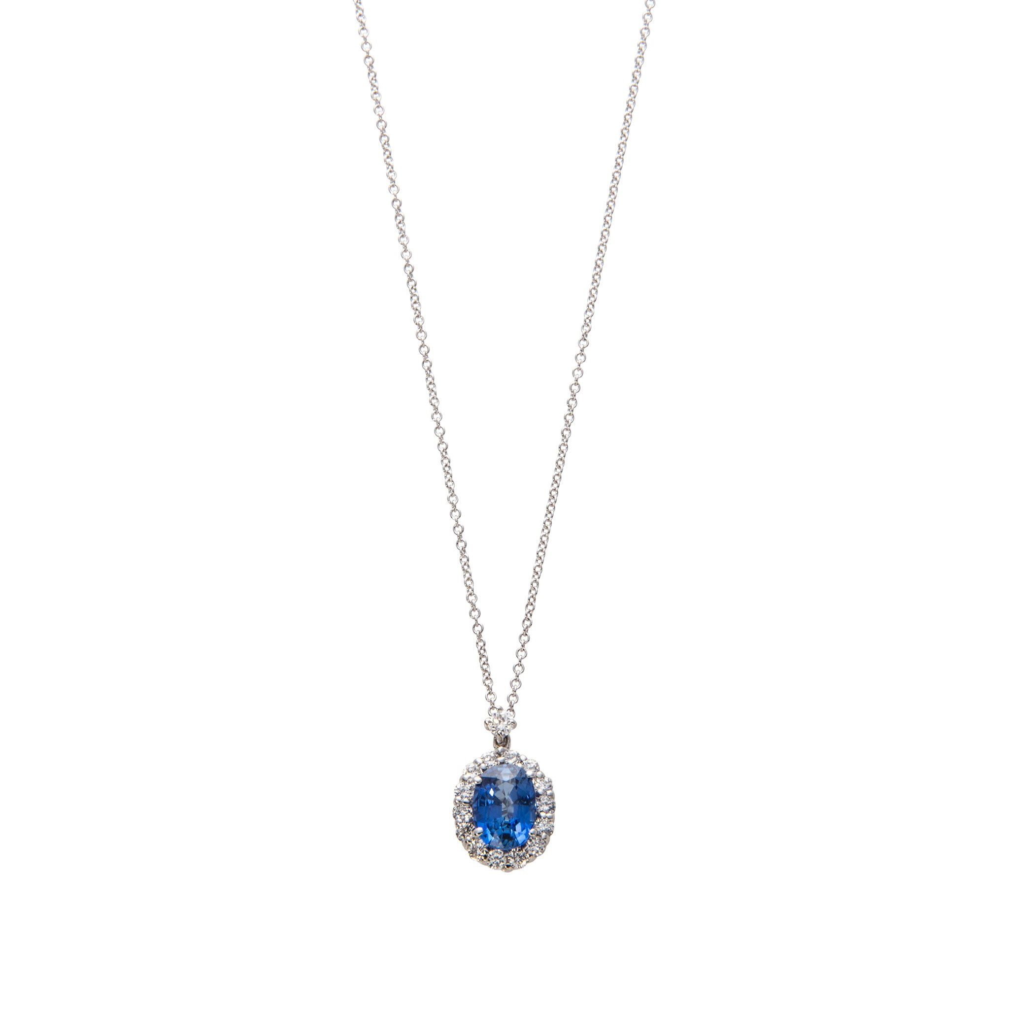 Sapphire & Diamond Halo 18K White Gold Pendant Necklace