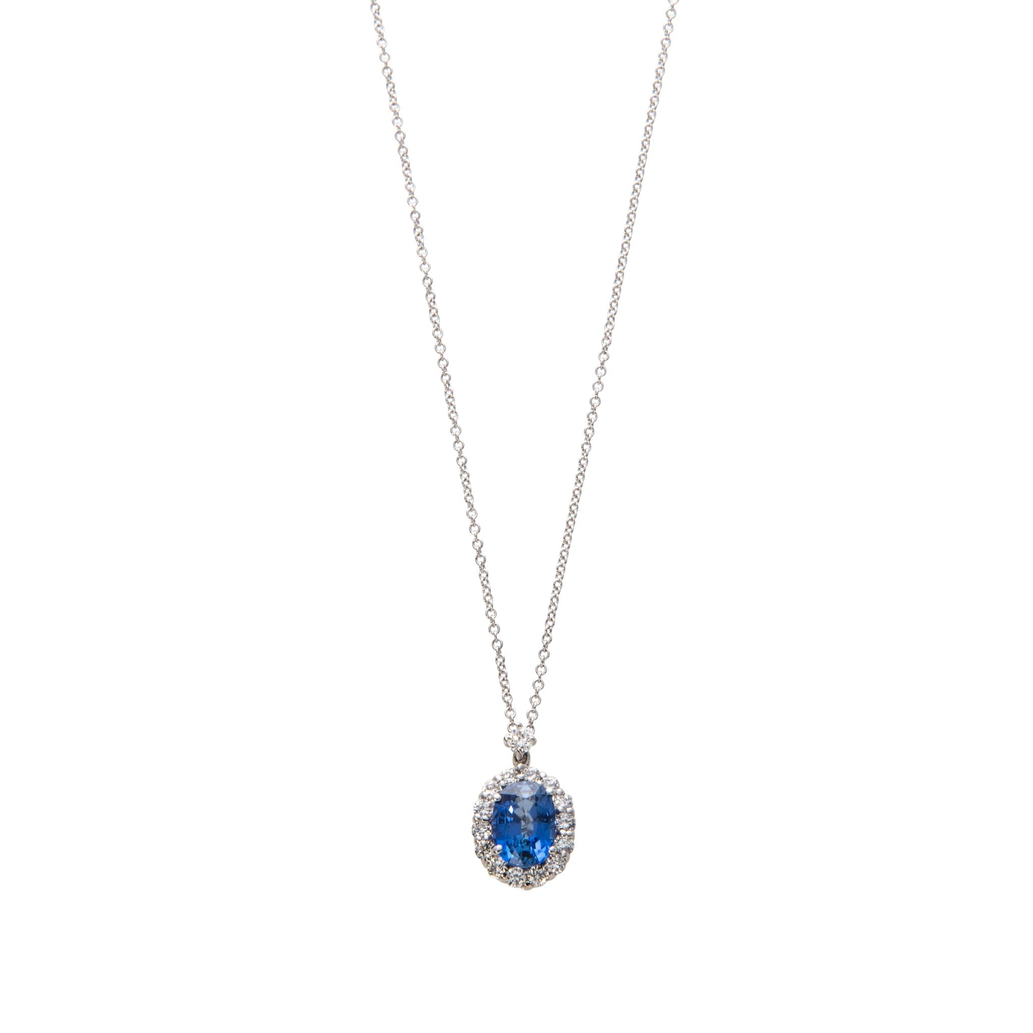 1.70ct Sapphire & Diamond Halo 18K White Gold Pendant Necklace