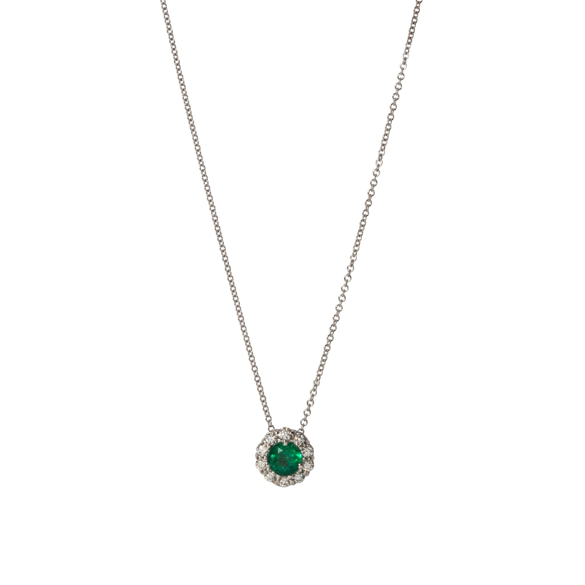 .42ctw Round Emerald & Diamond Halo 18K White Gold Pendant Necklace