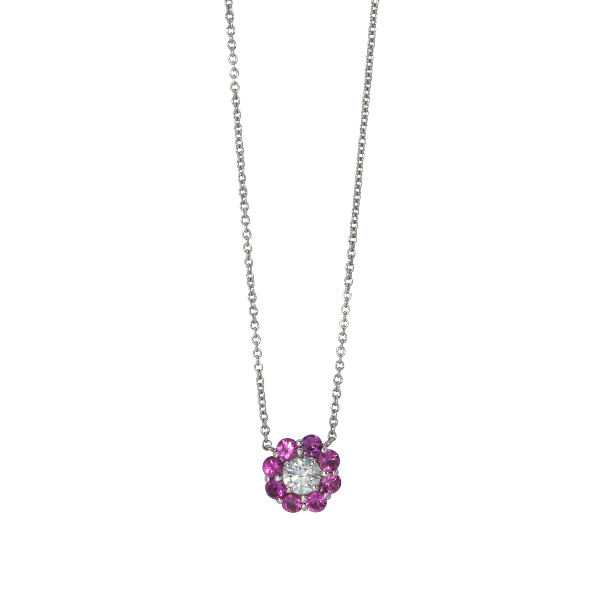Pink Sapphire & Diamond Cluster 14K White Gold Necklace