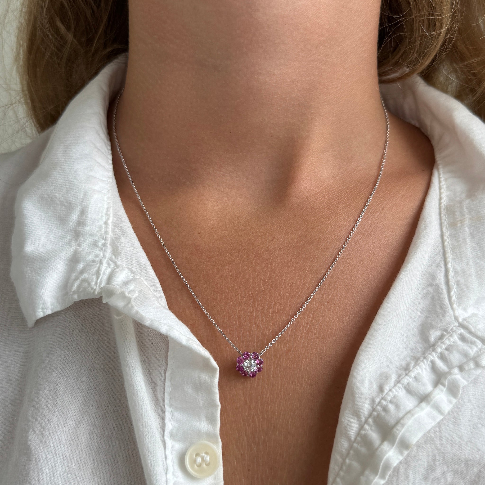 Pink Sapphire & Diamond Cluster 14K White Gold Necklace