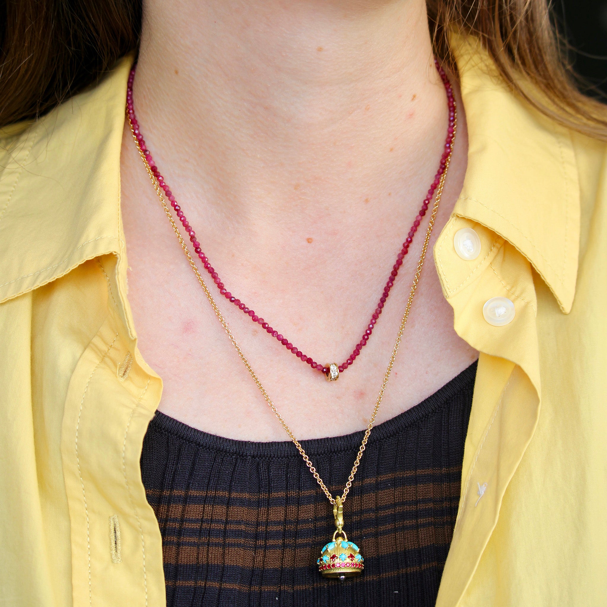 Diamond Rondel & Faceted Ruby Beaded Necklace, Paul Morelli Turquoise & Ruby Meditation Bell