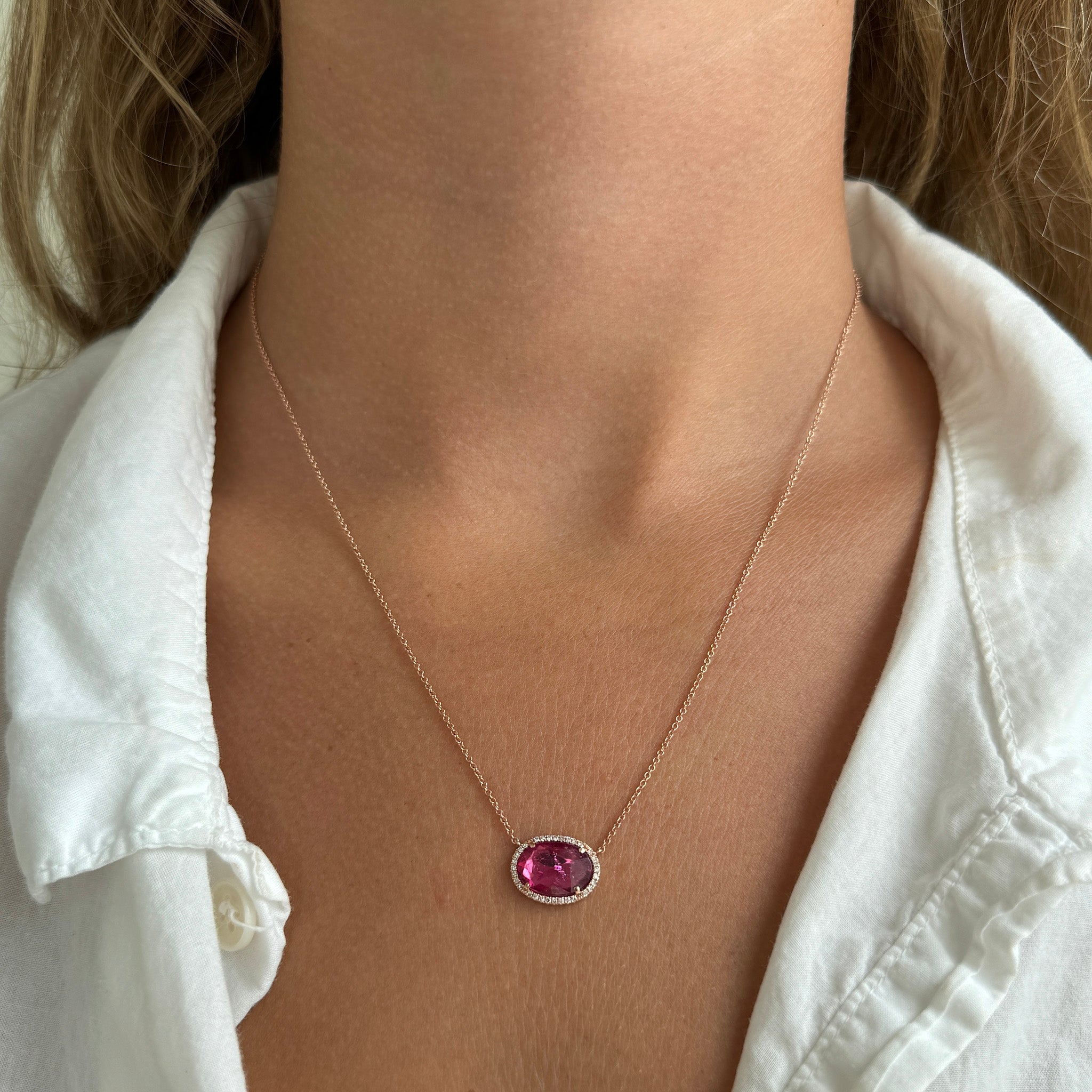 Pink Tourmaline & Diamond Halo 14K Rose Gold Necklace
