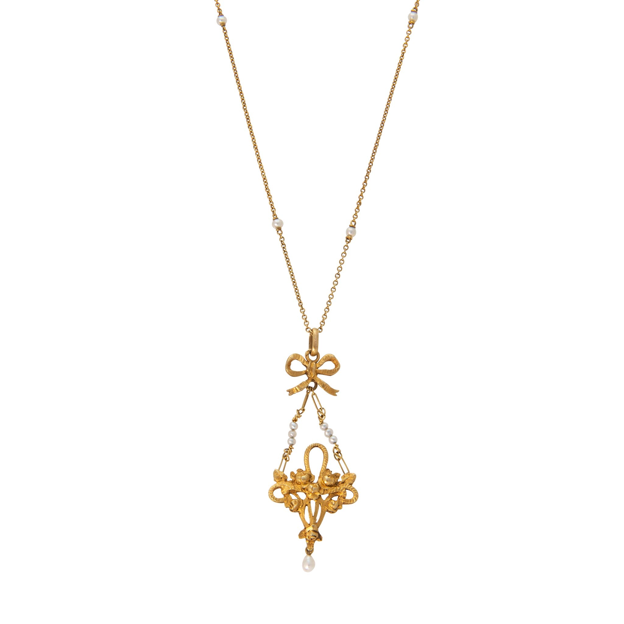 Edwardian Style Pearl Drop 15K Gold Floral Lavalier Necklace