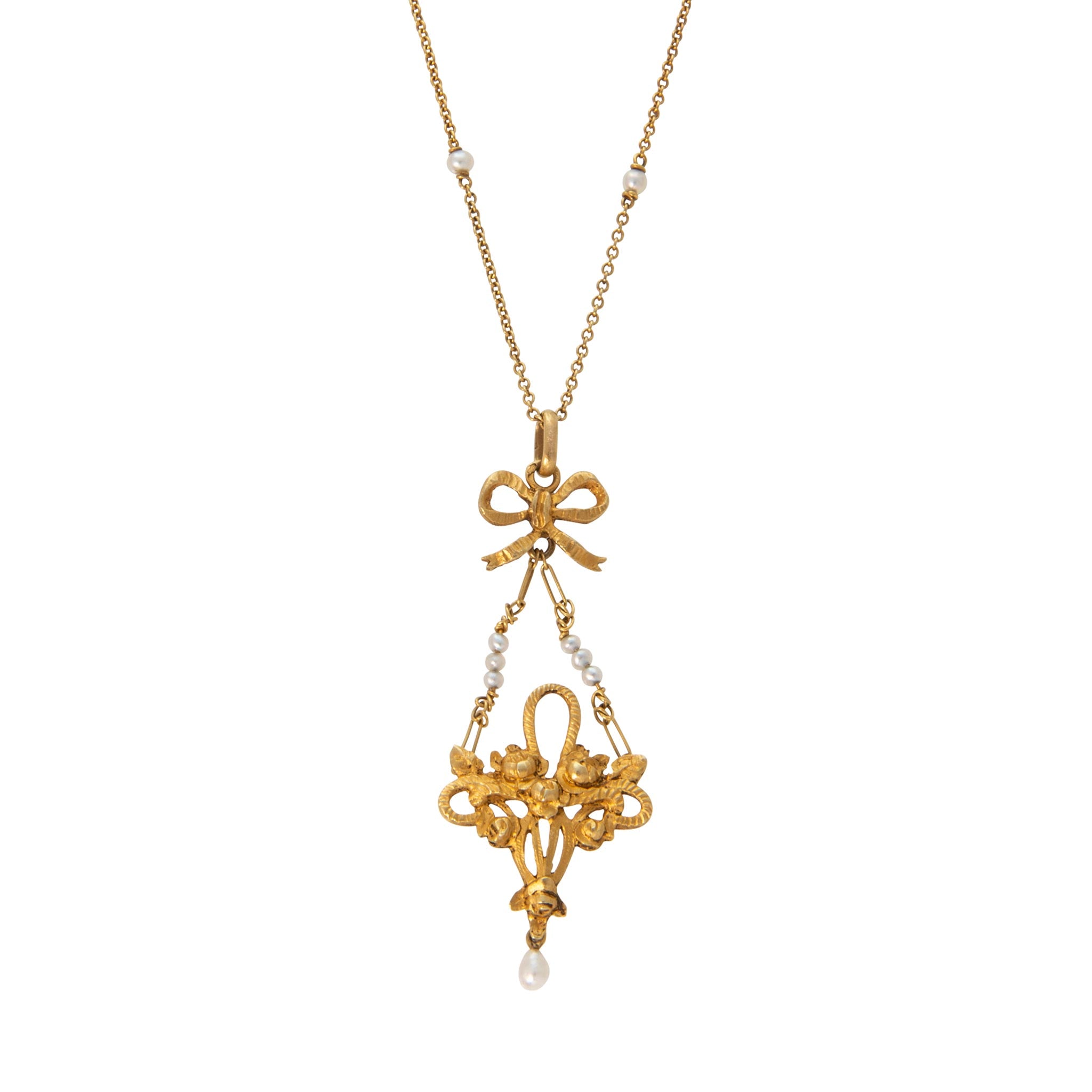 Edwardian Style Pearl Drop 15K Gold Floral Lavalier Necklace