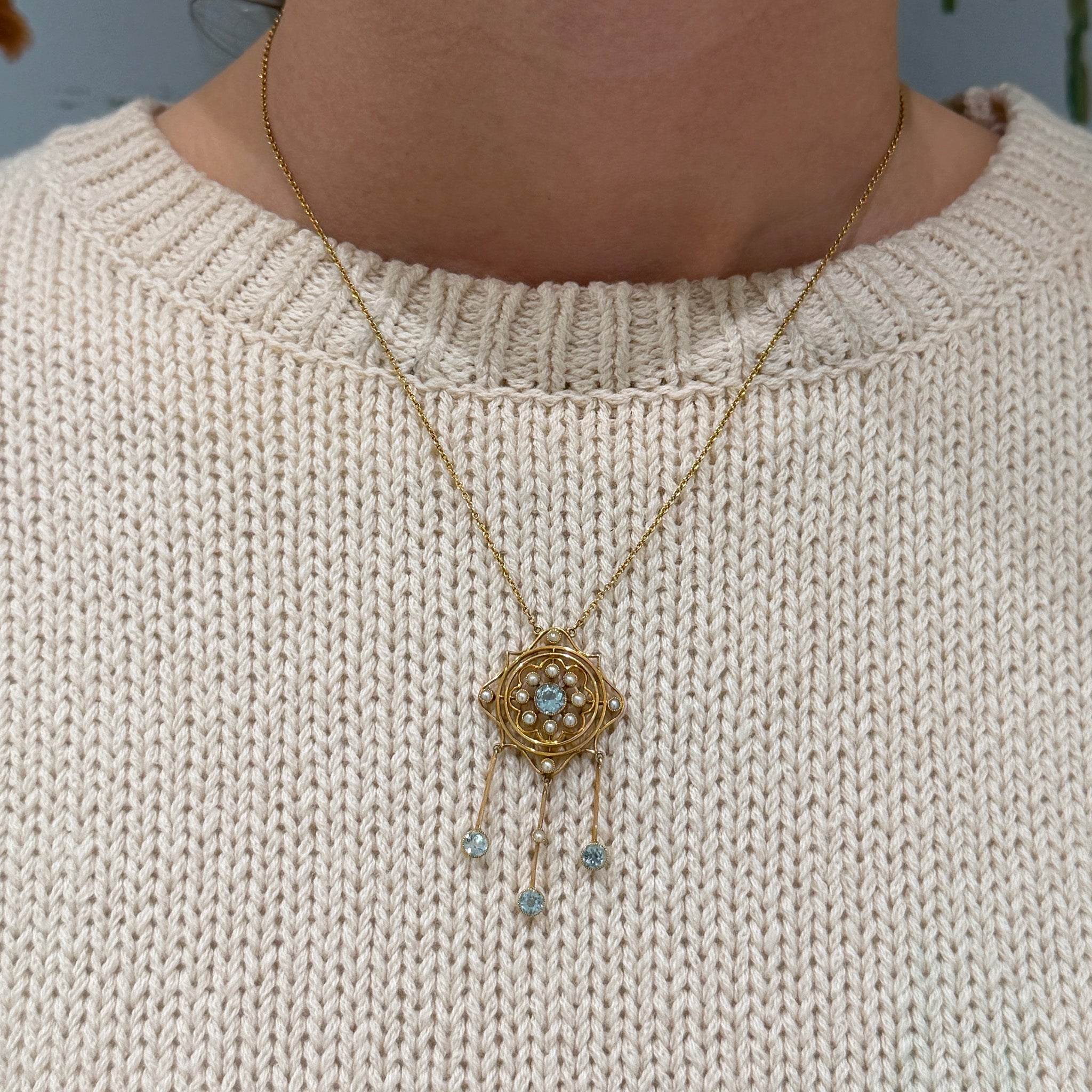 Edwardian Style Aquamarine & Seed Pearl Lavalier Necklace