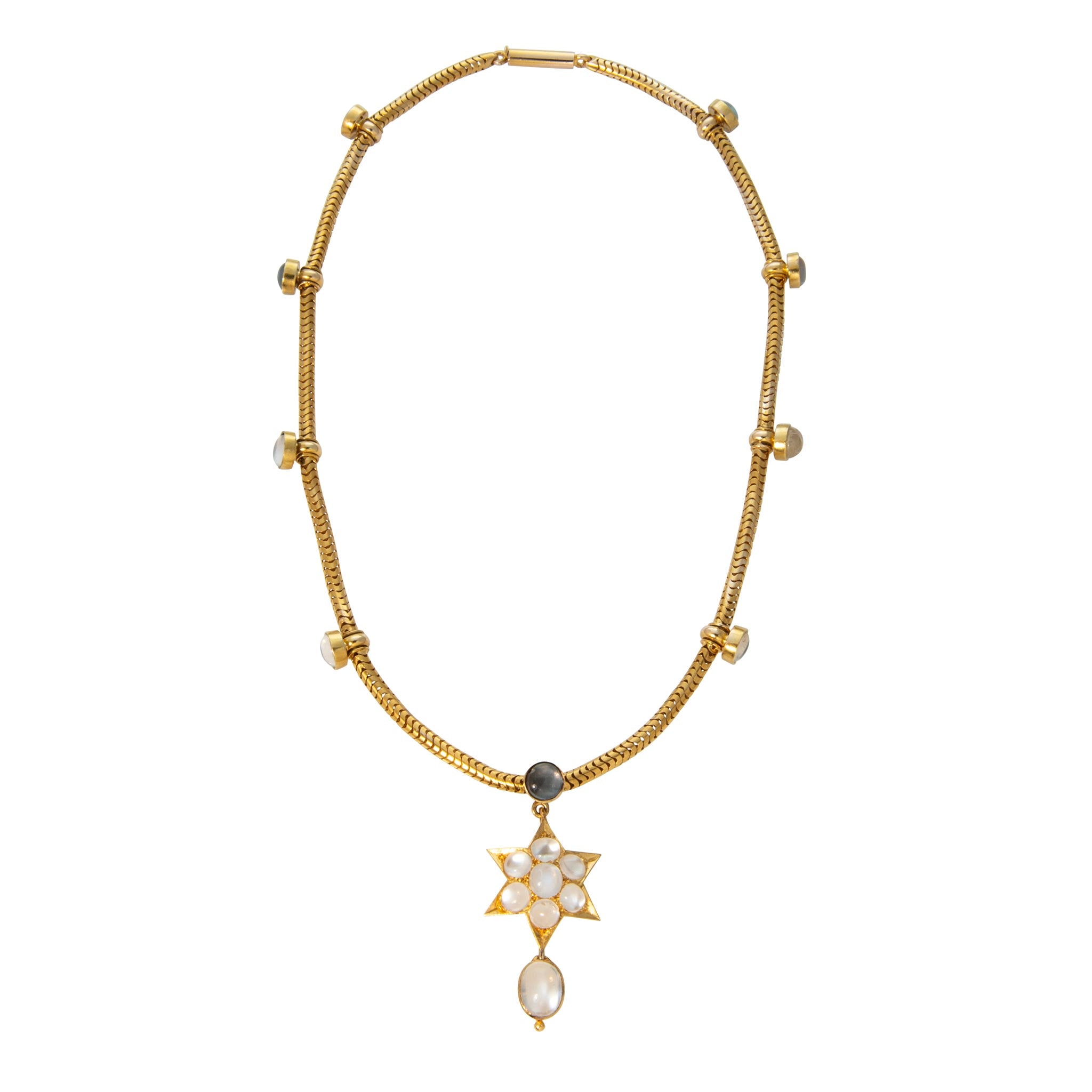 Victorian-Style Blue Sheen Moonstone Cluster Drop 14K Gold Necklace