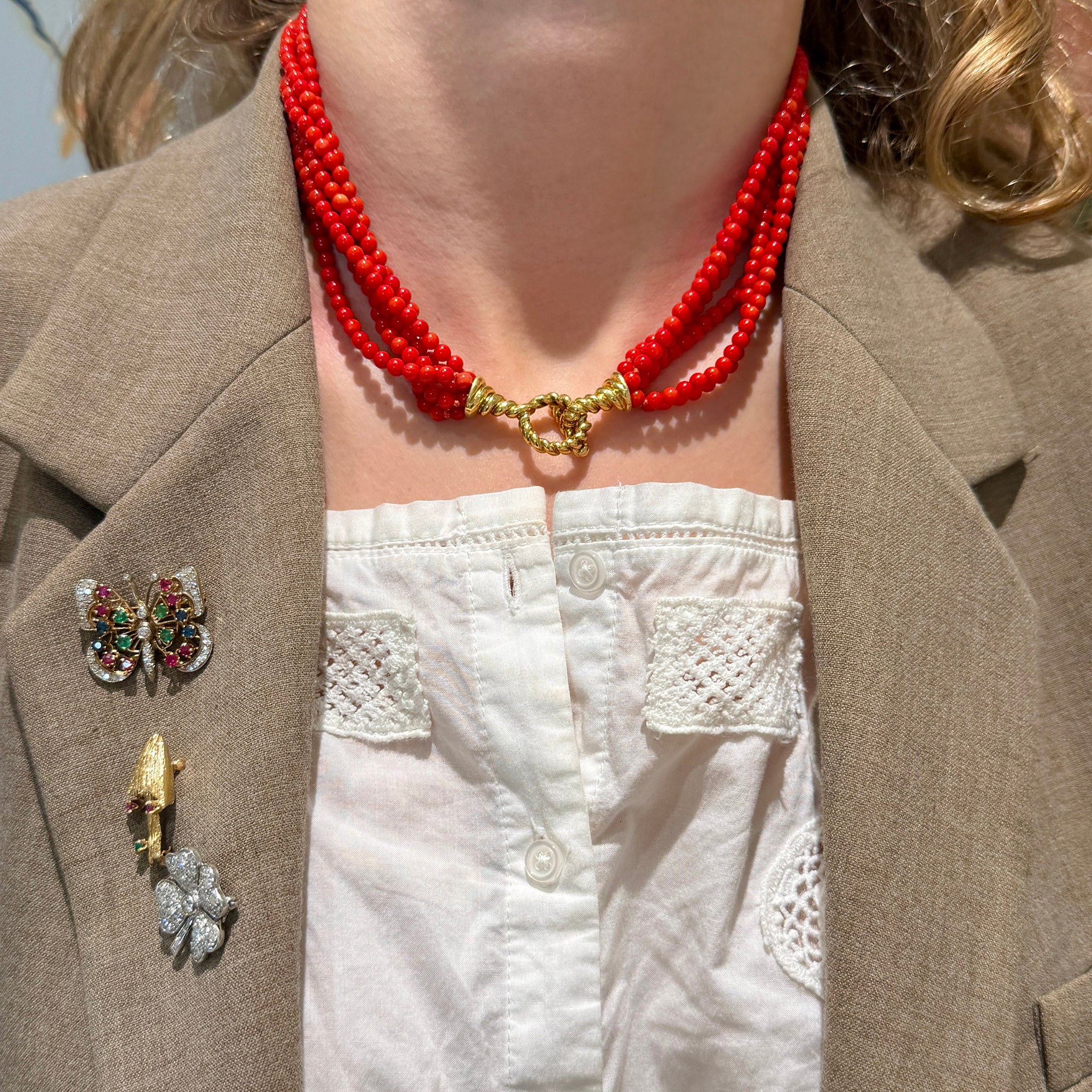 Estate Tiffany & Co Multi-Strand Red Coral 18K Gold Torsade Necklace 16"