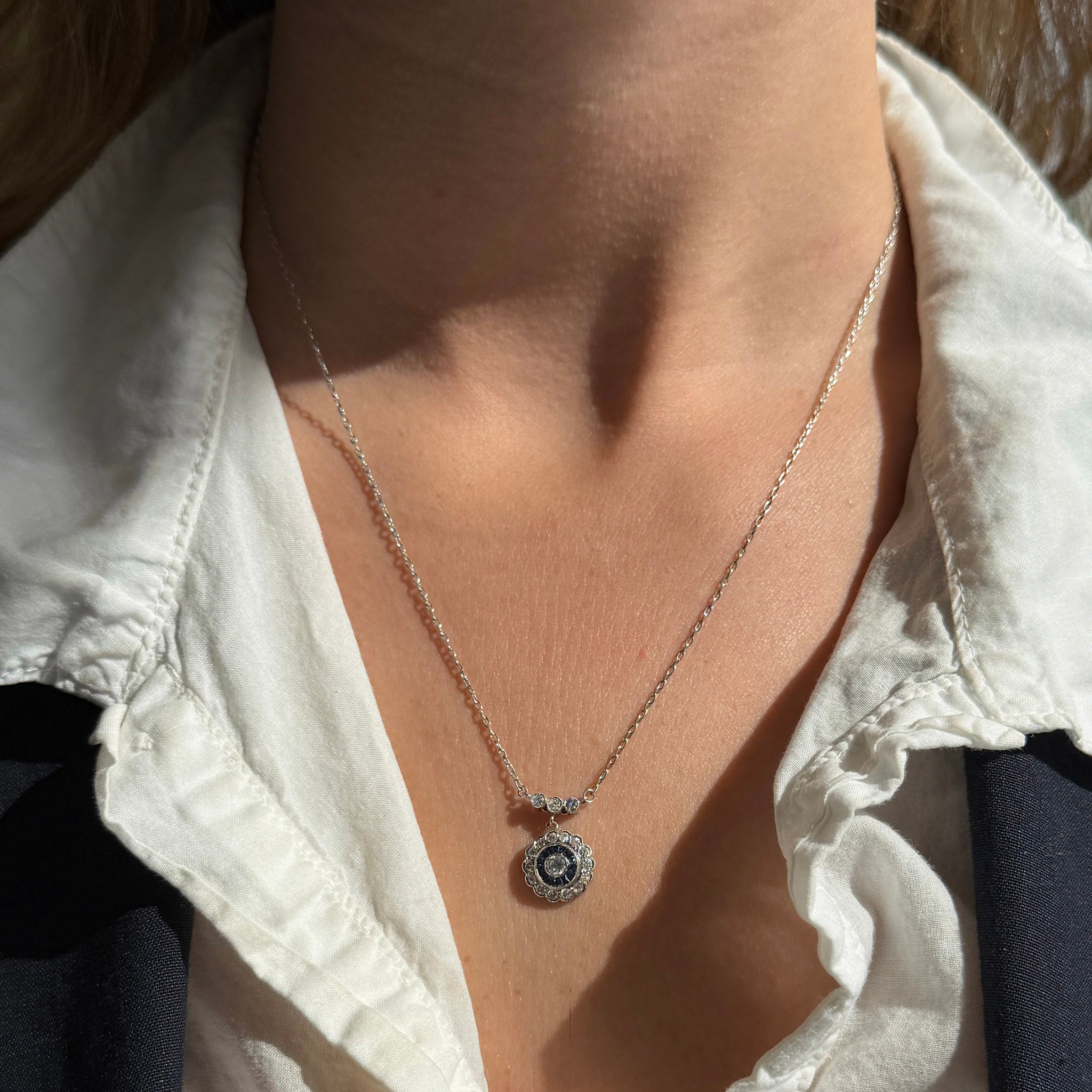 Art Deco Style Diamond & Sapphire 18K White Gold Necklace