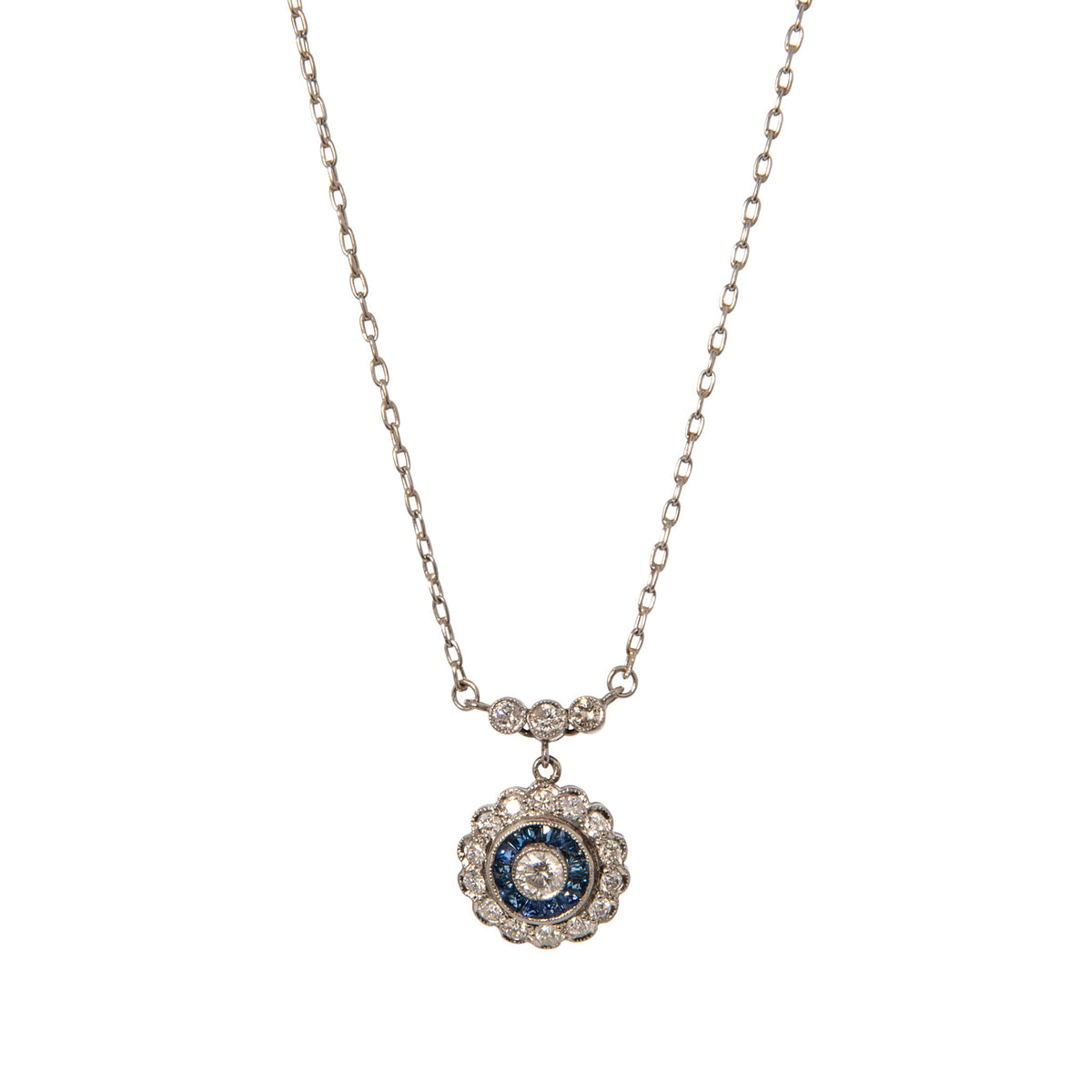Art Deco Style Diamond & Sapphire 18K White Gold Necklace