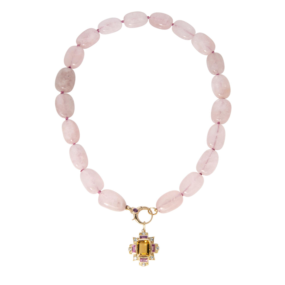Pink Quartz Bead & Pink Sapphire 14K Gold Clasp Necklace, Yellow Beryl, Multi-Color Sapphire & Aquamarine 14K Yellow Gold Pendant