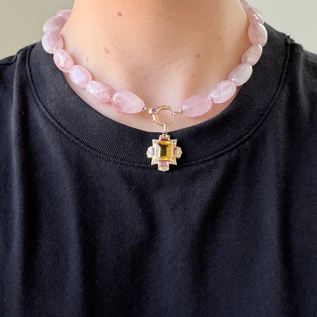 Pink Quartz Bead & Pink Sapphire 14K Gold Clasp Necklace, Yellow Beryl, Multi-Color Sapphire & Aquamarine 14K Yellow Gold Pendant