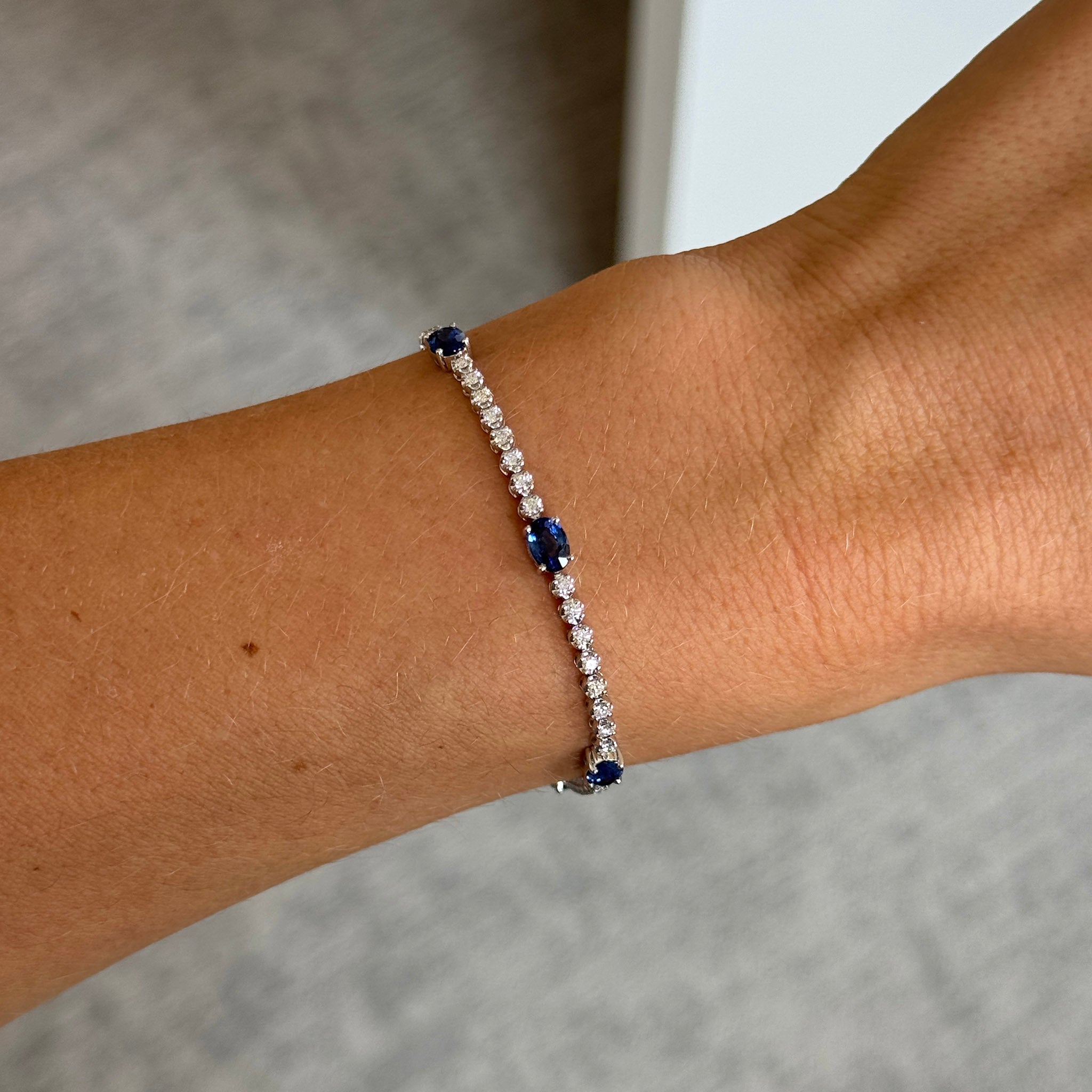 Oval Sapphire Station & Round Diamond 14K White Gold Tennis Bracelet