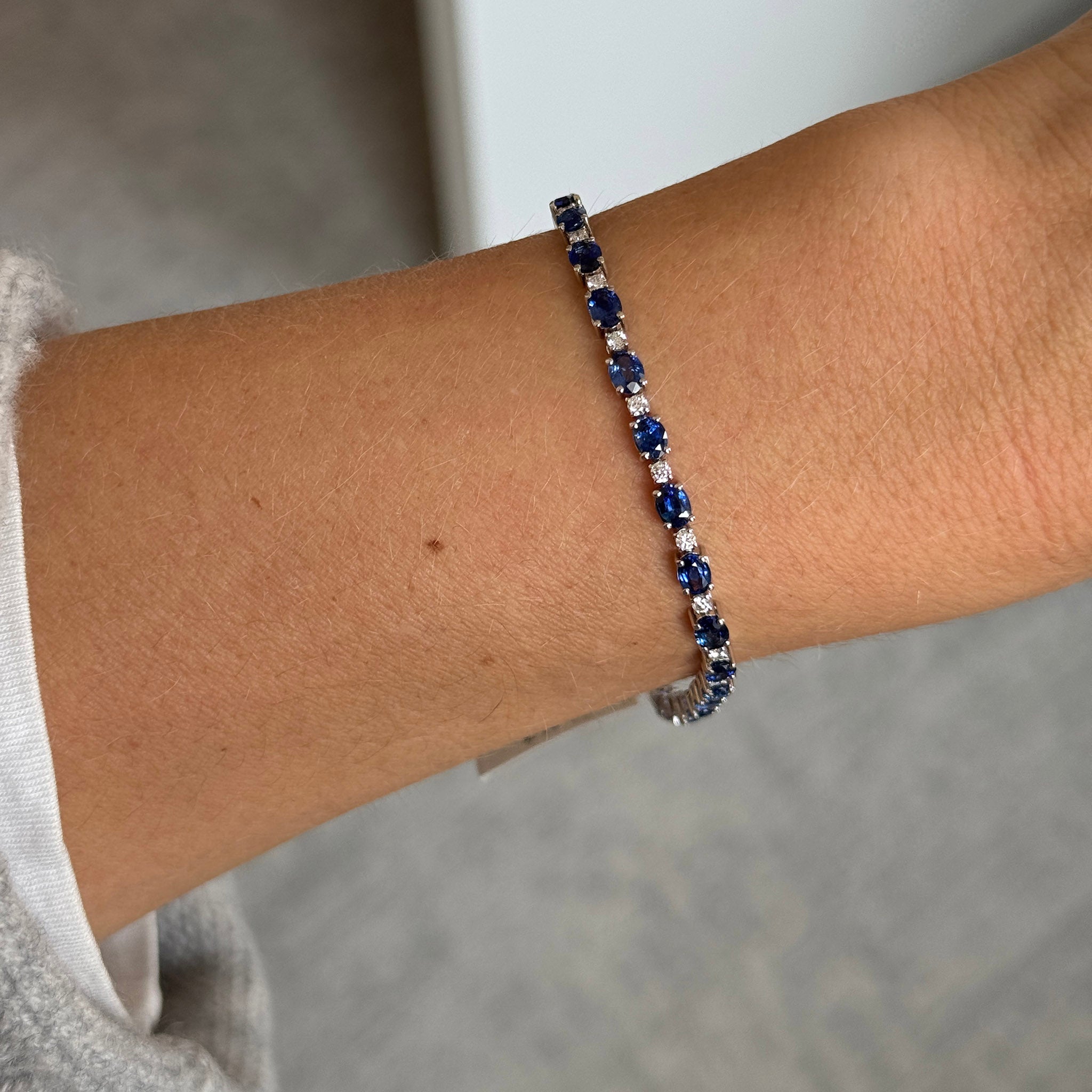 7.10ctw Oval Sapphire & Round Diamond 14K White Gold Tennis Bracelet