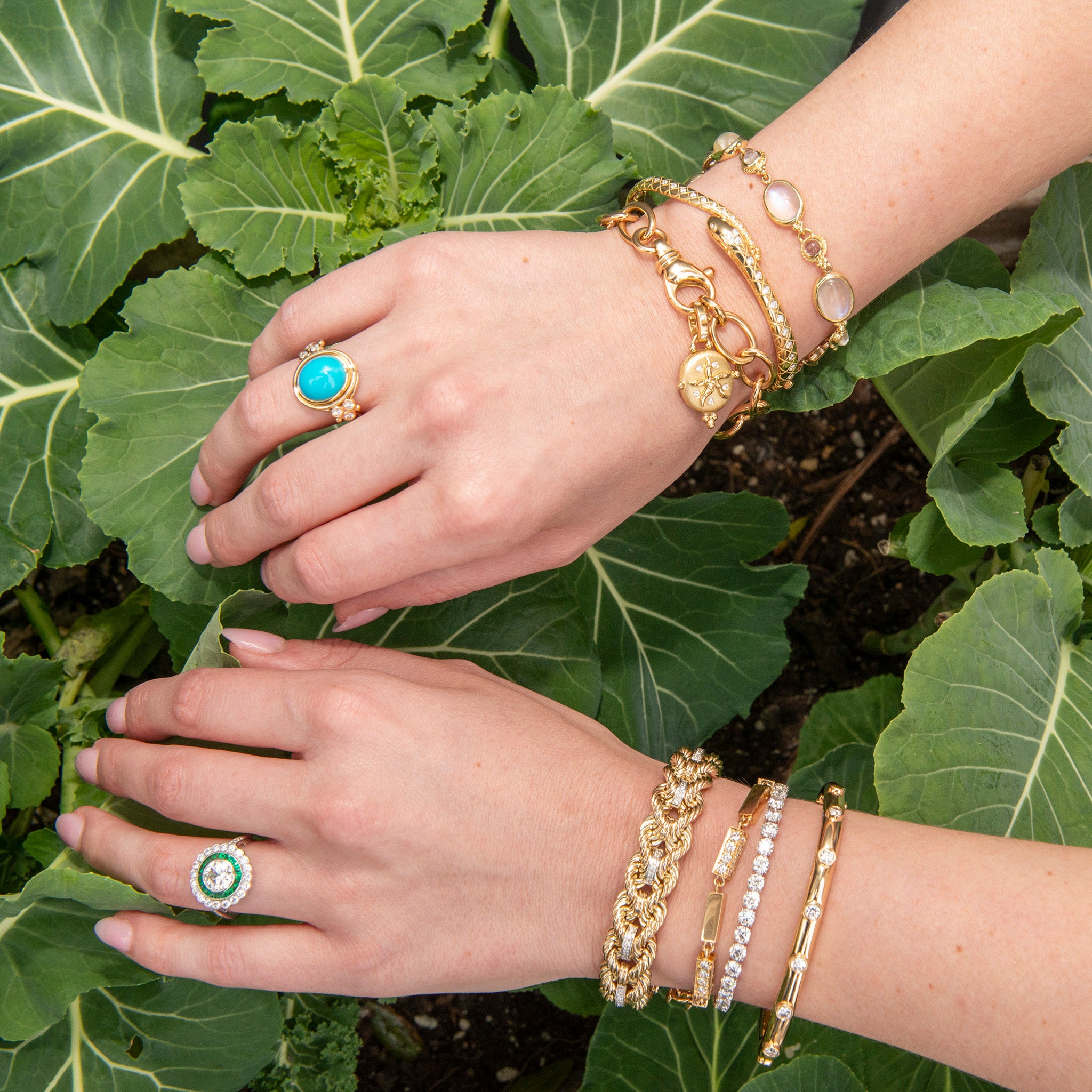Temple St. Clair Turquoise Classic Temple Ring, Temple St. Clair Small Sea Star Locket, Temple St. Clair Delphi Serpent Bangle Bracelet, Mazza Moonstone 18K Yellow Gold Link Bracelet, The Petite Club Bracelet with Diamonds