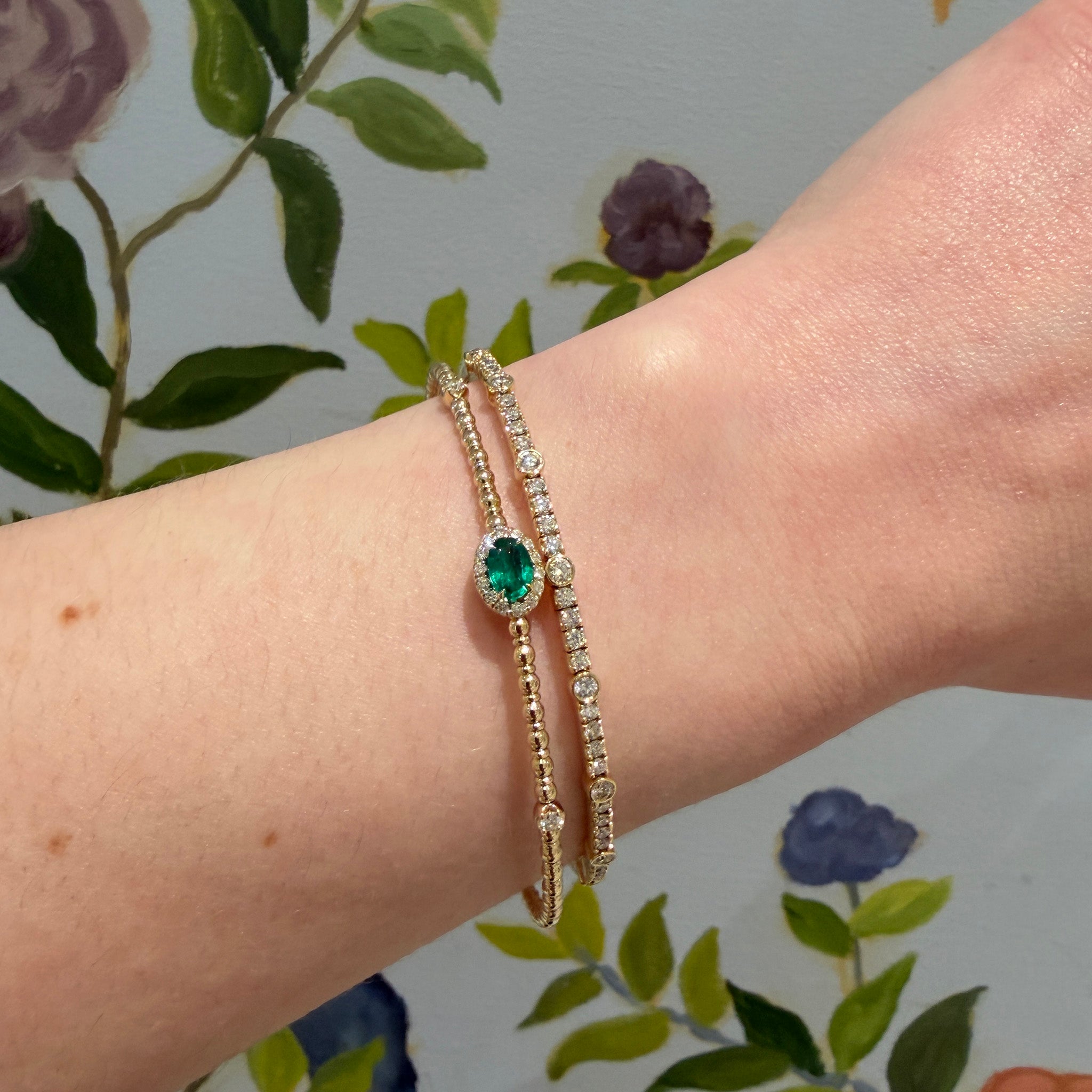 Oval Emerald & Diamond 14K Yellow Gold Flexible Bangle